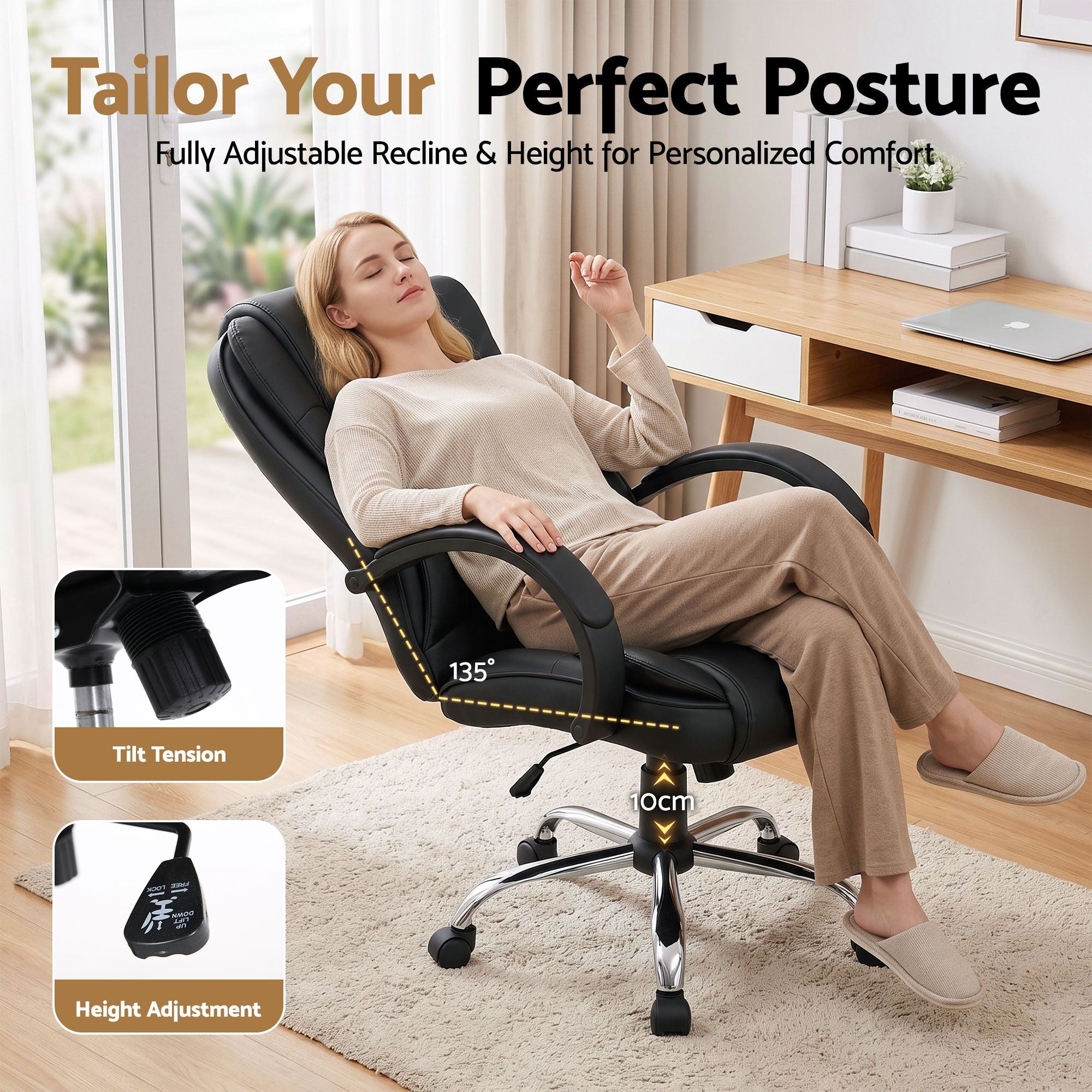 Black leather executive office chair with fully adjustable recline and height