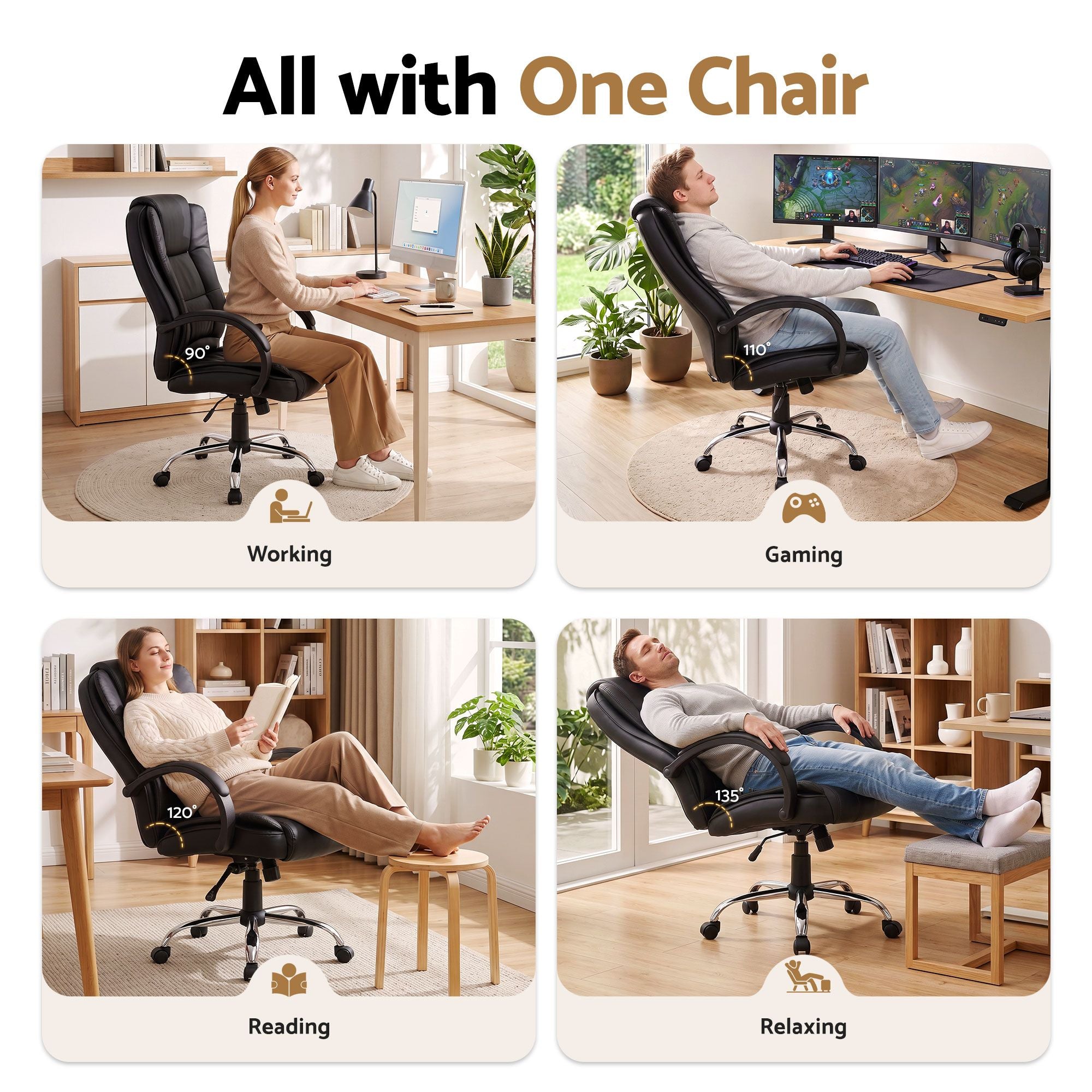 Black leather executive office chair shown in multiple uses, with tilt recline and casters