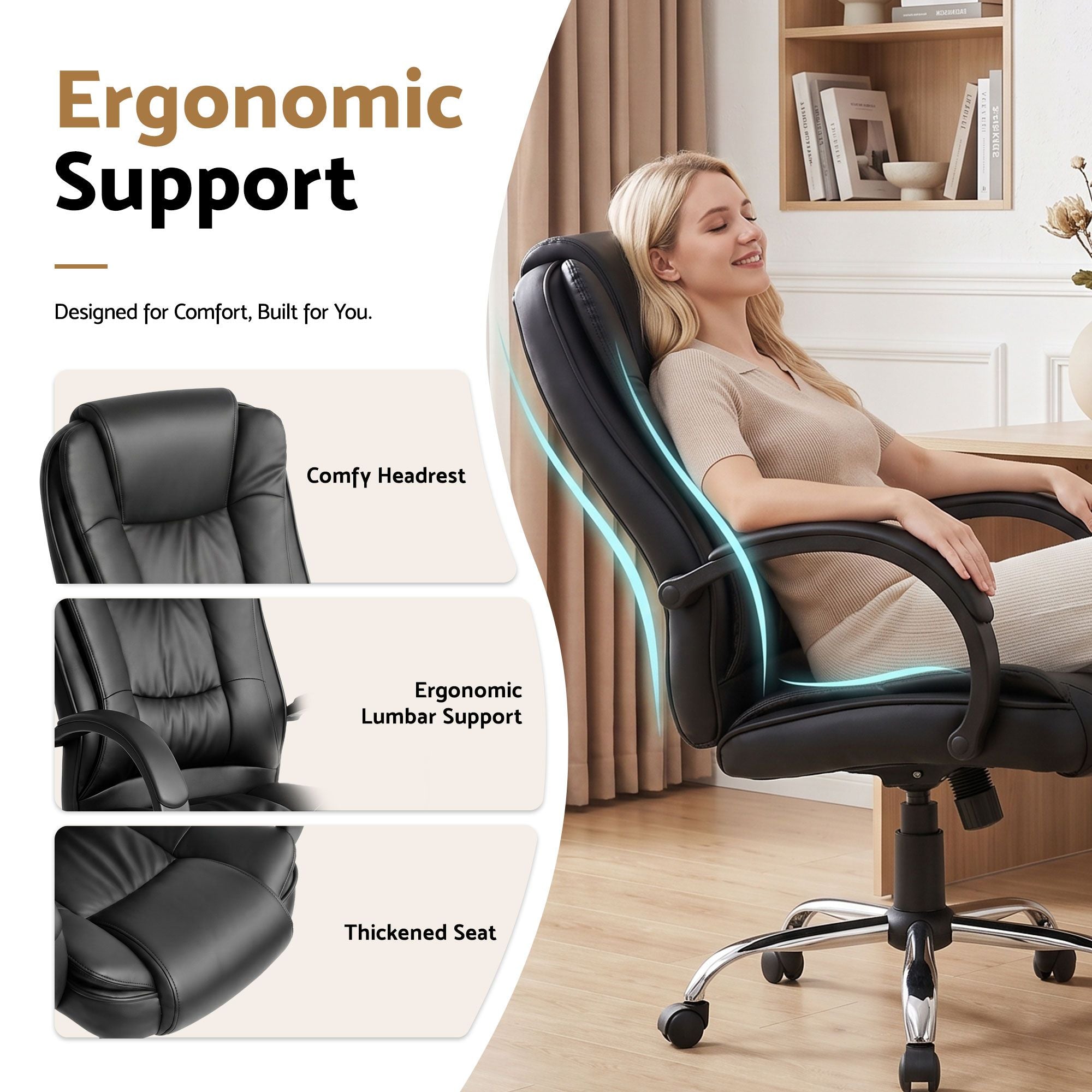 Black leather executive office chair with ergonomic lumbar support and thickened seat padding