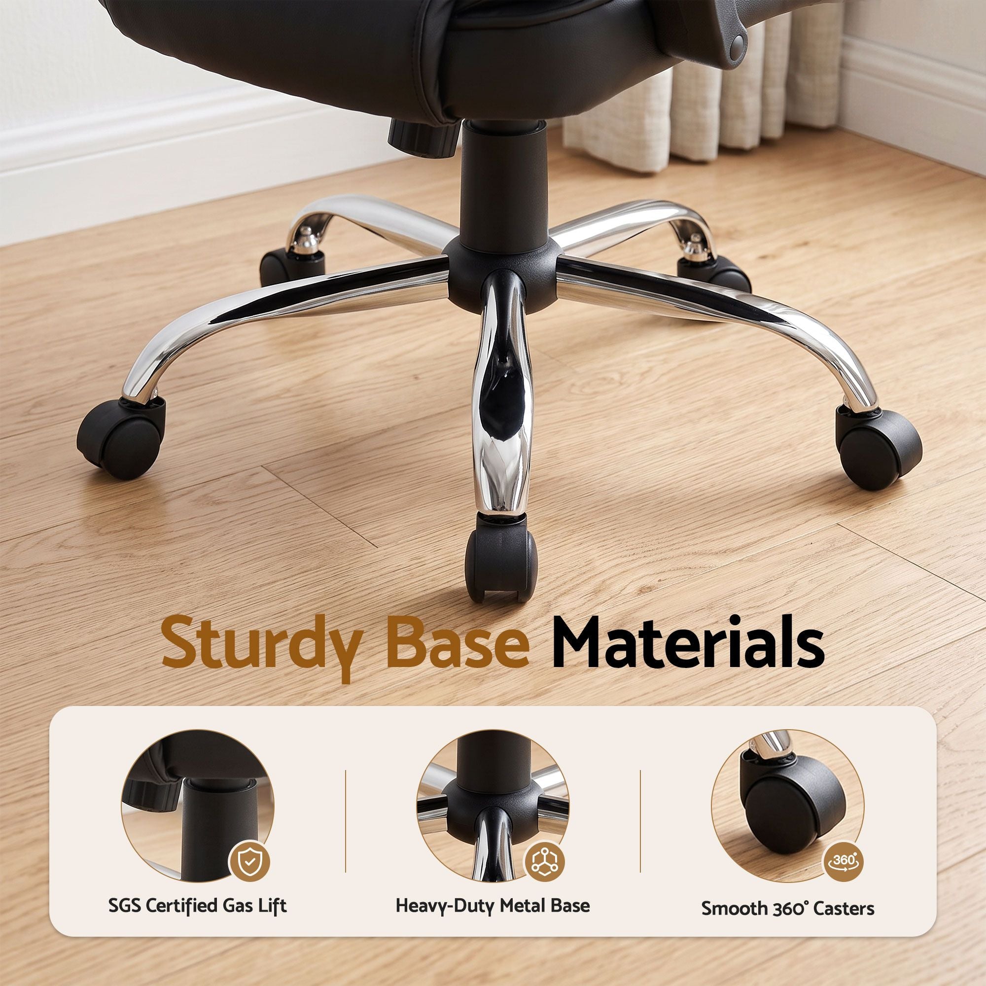 Black leather office chair base with chrome cantilever frame and 360-degree swivel casters