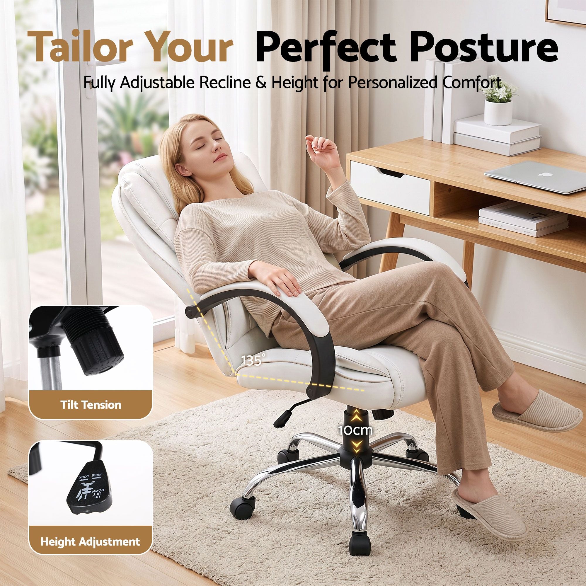 Artiss Executive Office Chair Leather Tilt White Bedworld