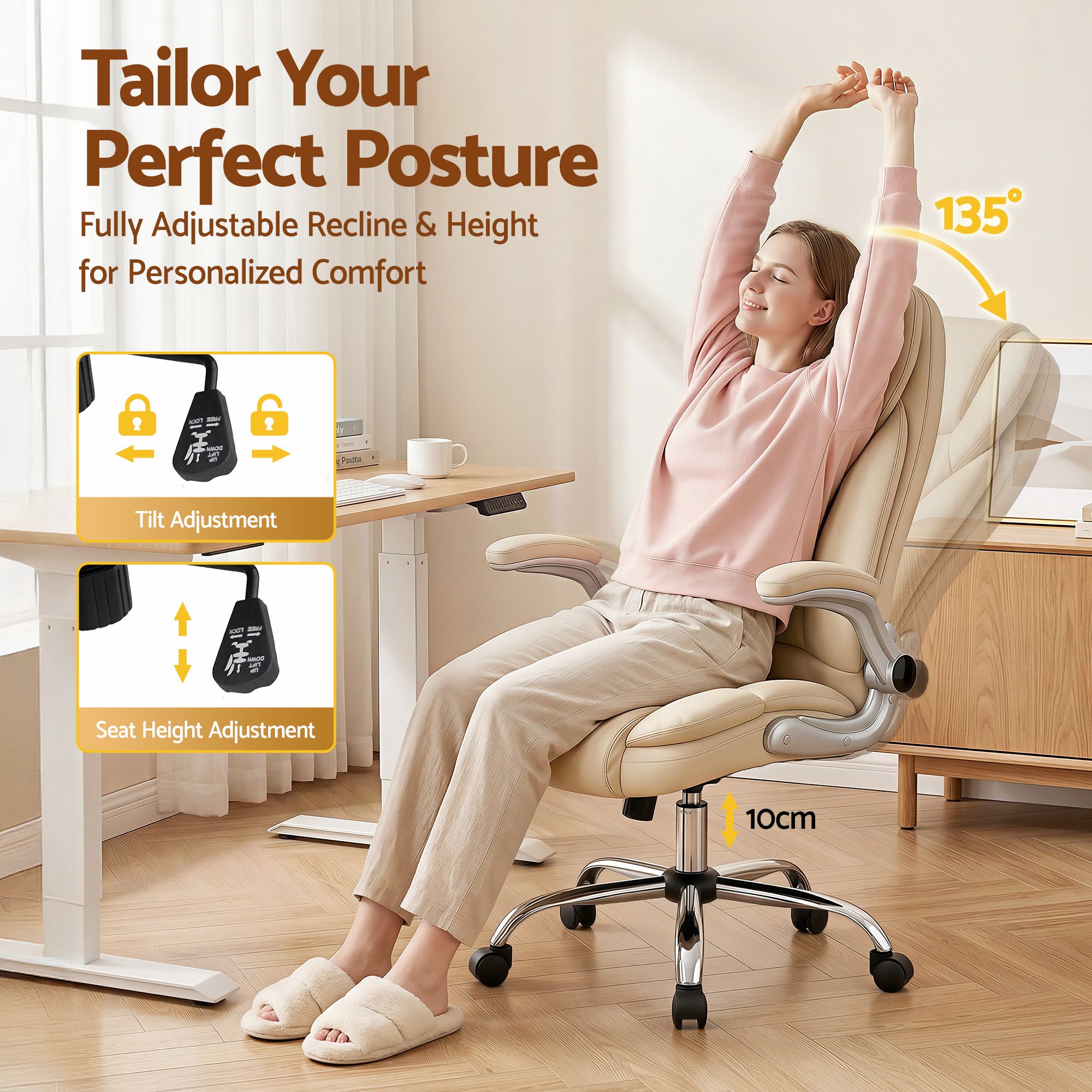 Artiss Executive Office Chair Leather Tilt Beige Bedworld