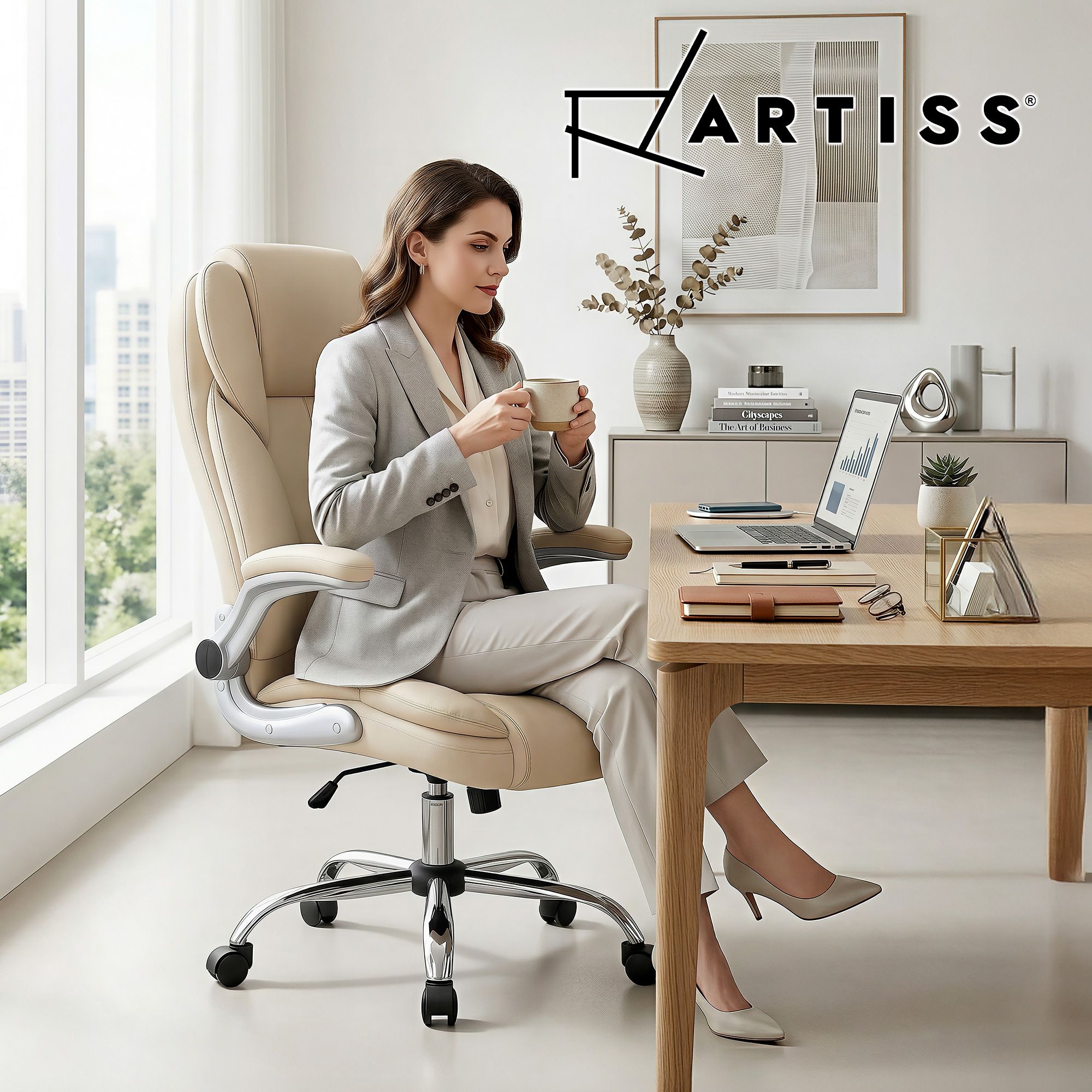 Artiss Executive Office Chair Leather Tilt Beige Bedworld