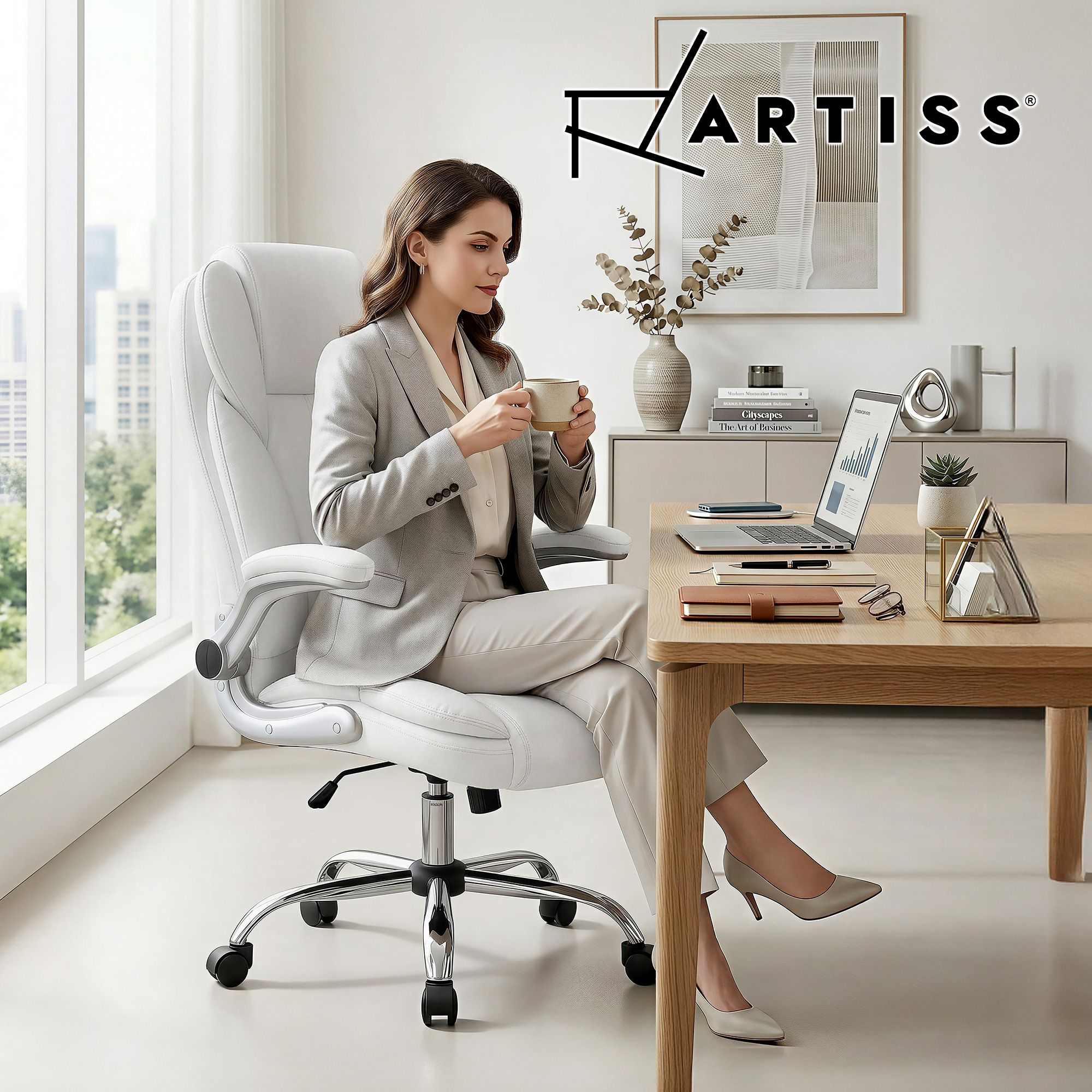 Artiss Executive Office Chair Leather Tilt White Bedworld