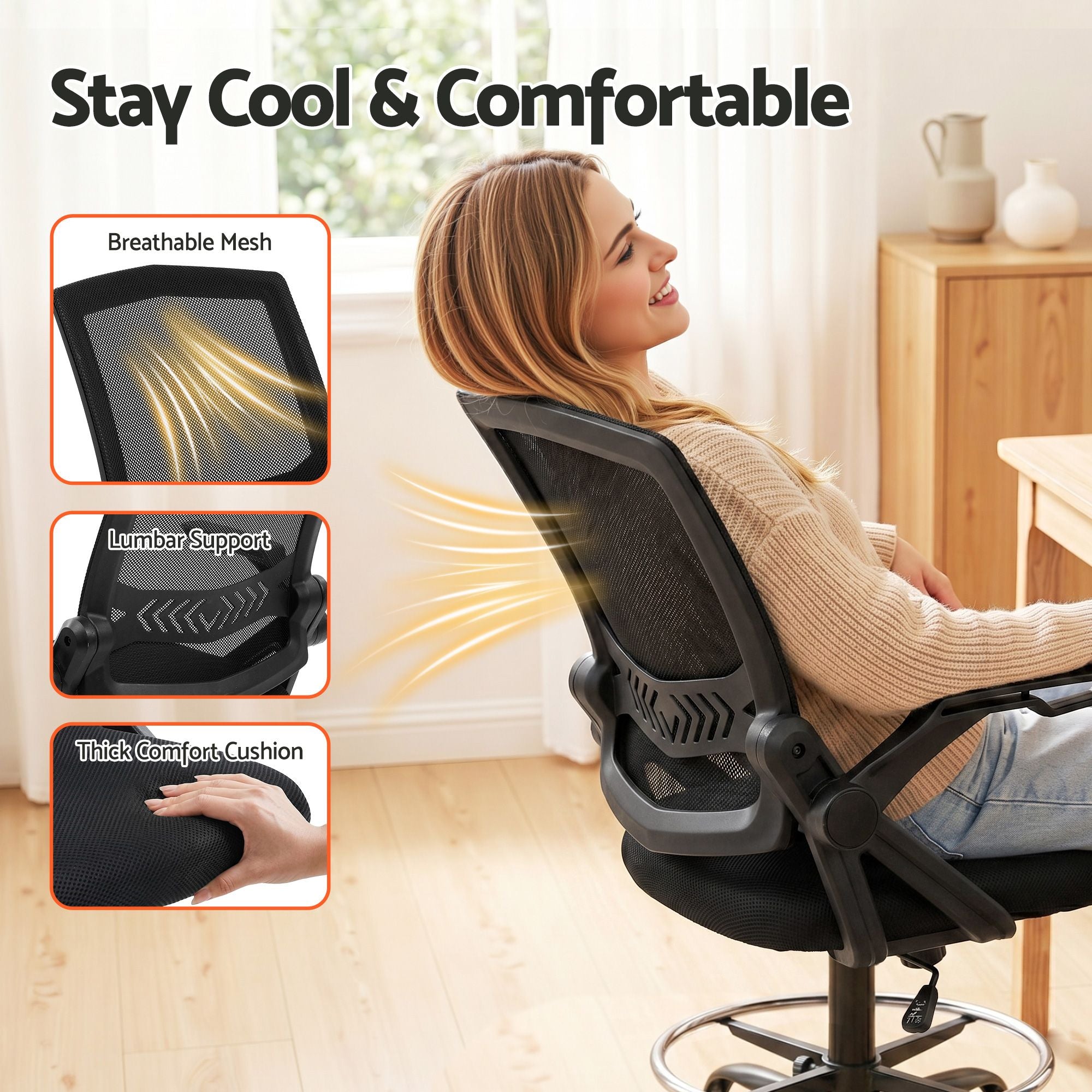 Artiss Office Chair Drafting Stool Mesh Chairs Black Bedworld