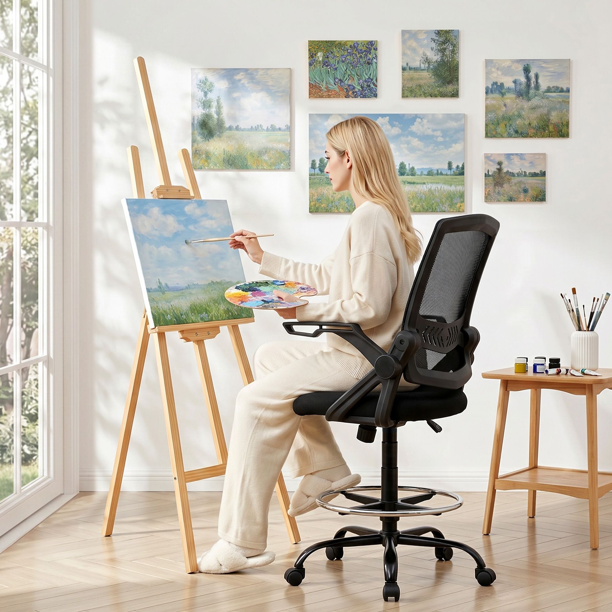 Artiss Office Chair Drafting Stool Mesh Chairs Black Bedworld