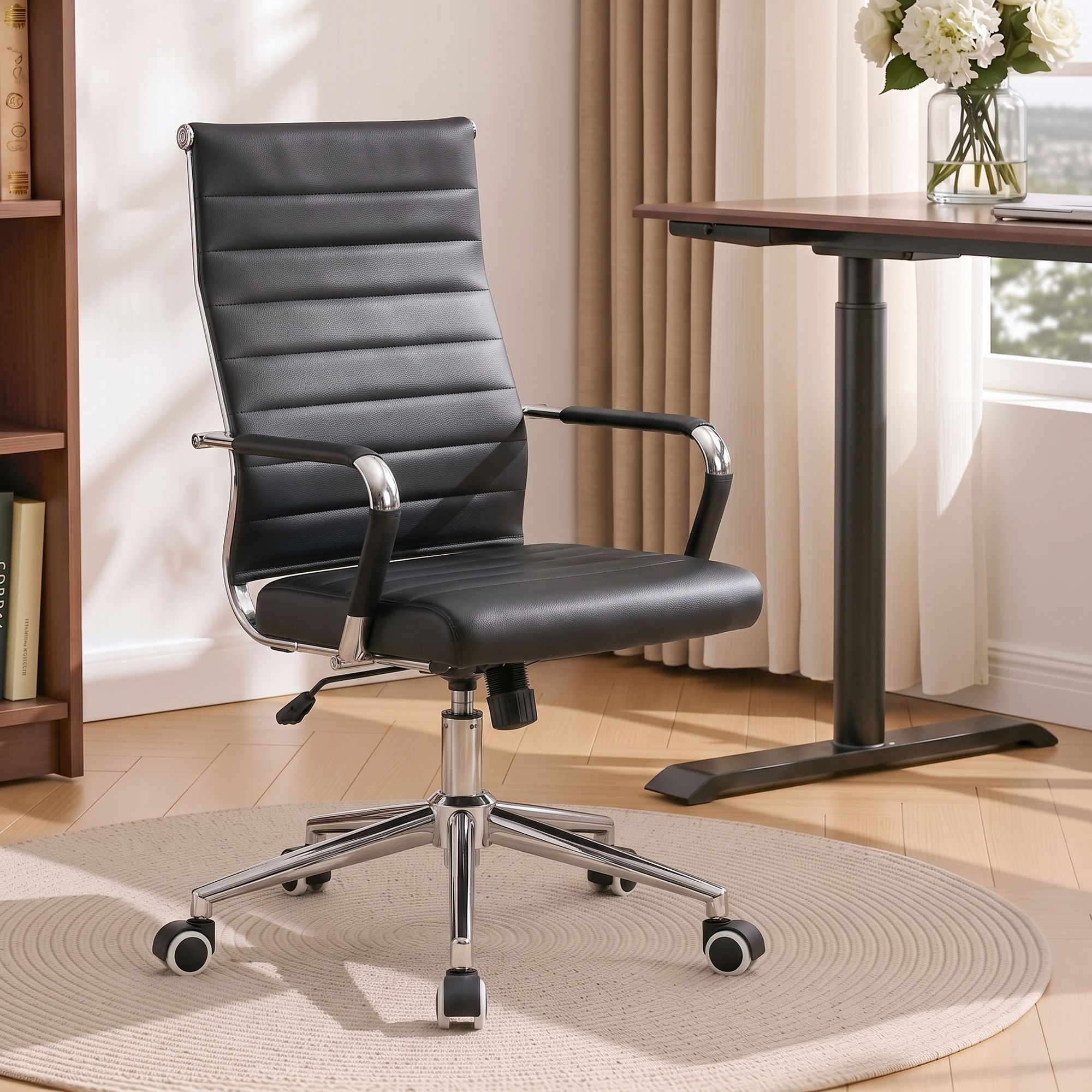 Artiss Conference Office Chair Swivel Computer Chair High Back Ribbed PU Leather Black Bedworld