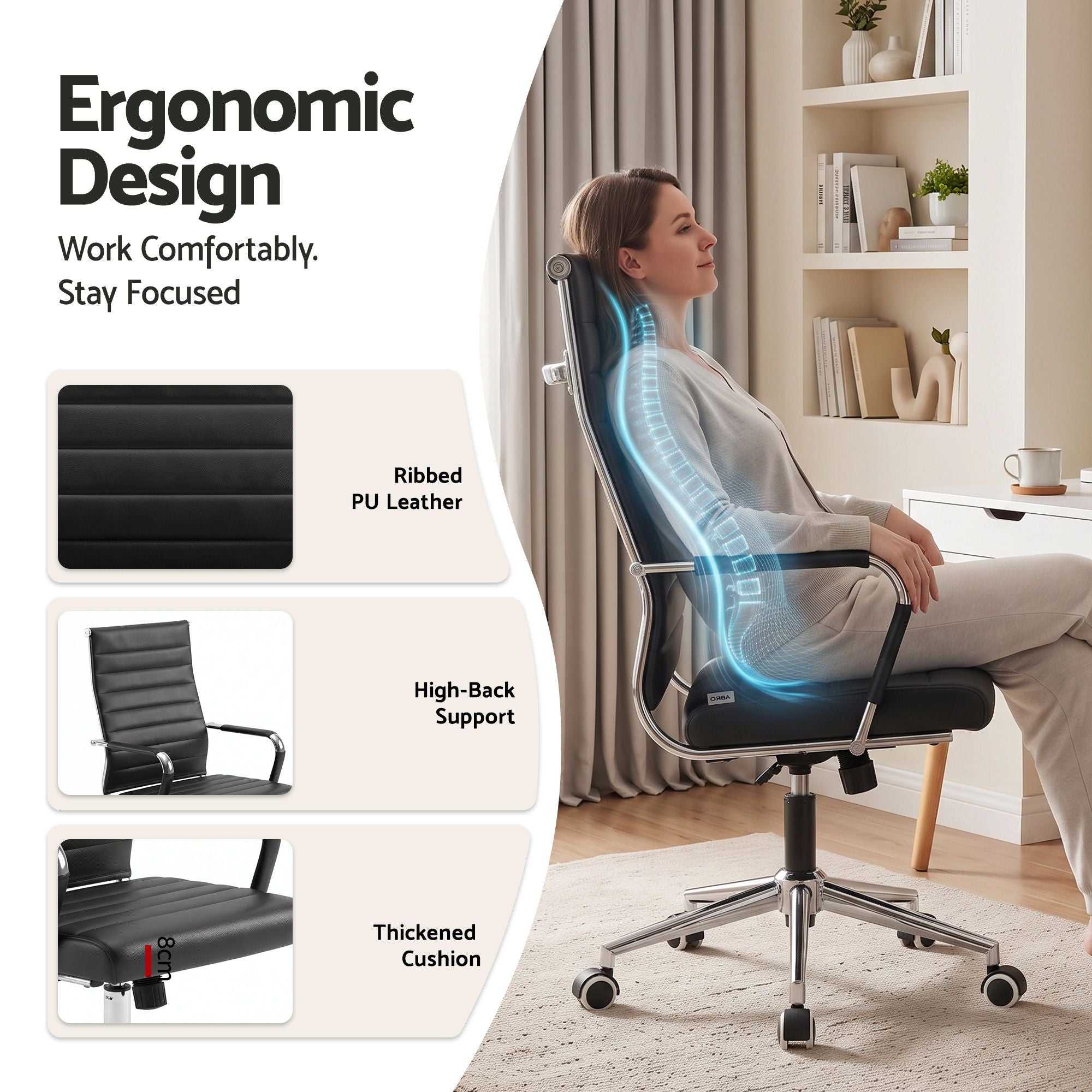 Artiss Conference Office Chair Swivel Computer Chair High Back Ribbed PU Leather Black Bedworld