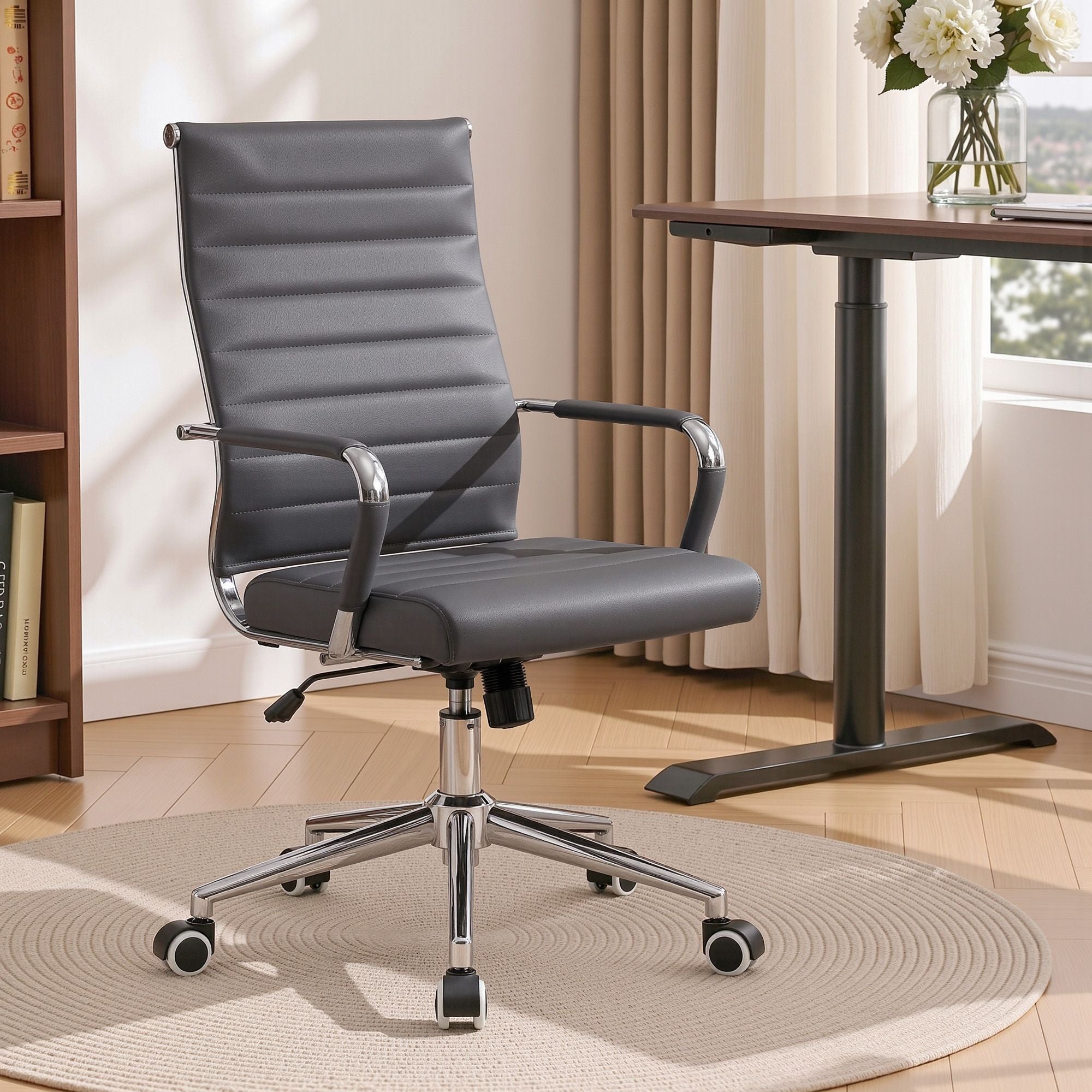 Artiss Conference Office Chair Swivel Computer Chair High Back Ribbed PU Leather Grey Bedworld