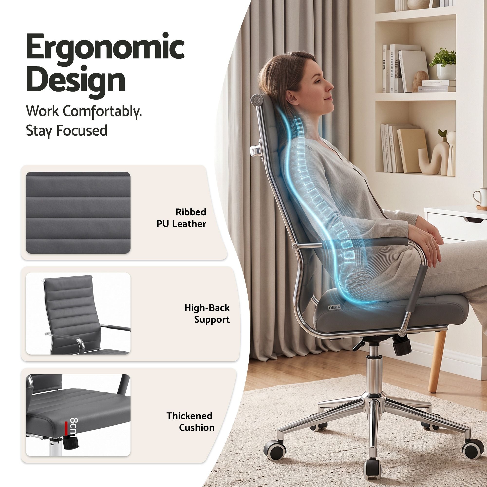 Artiss Conference Office Chair Swivel Computer Chair High Back Ribbed PU Leather Grey Bedworld