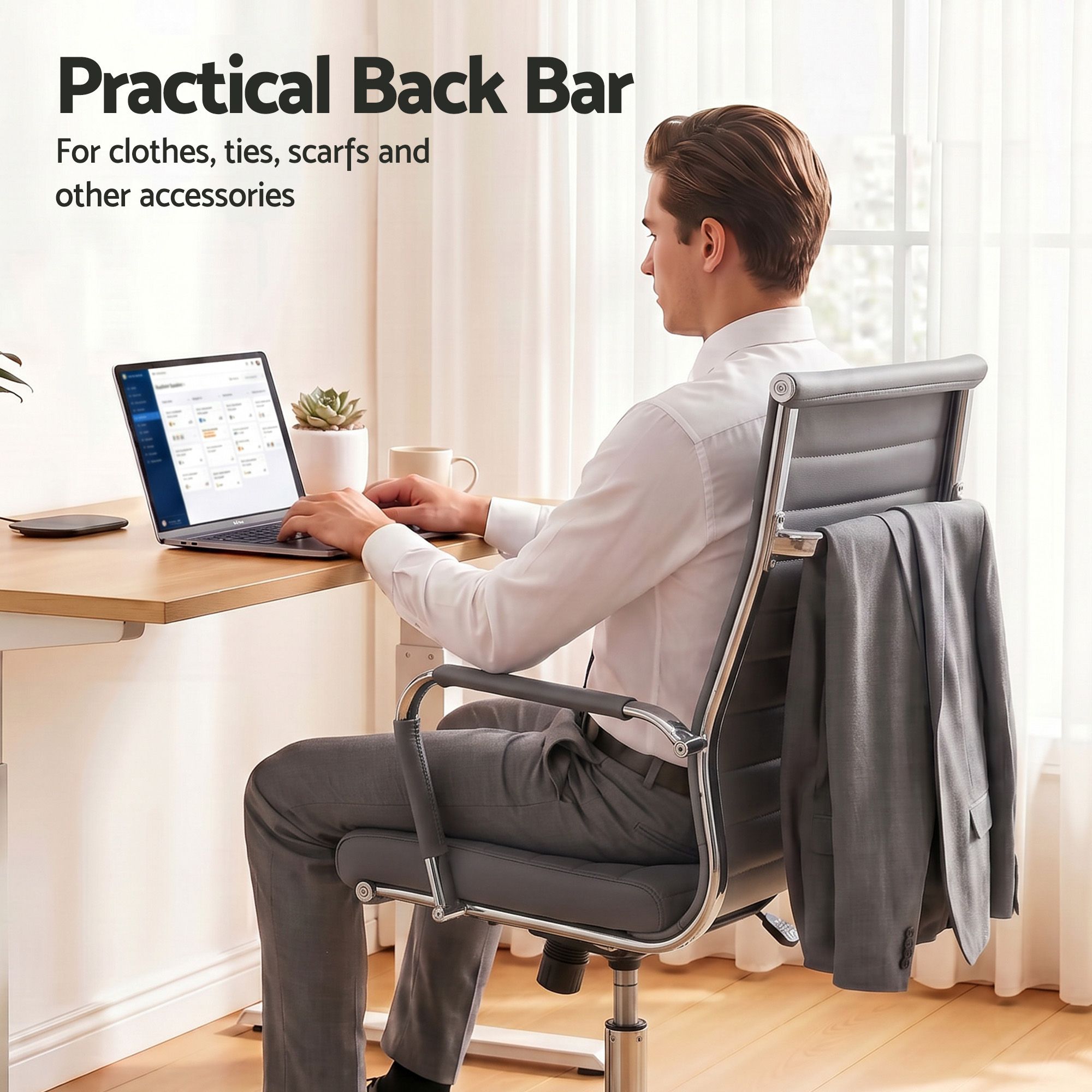 Artiss Conference Office Chair Swivel Computer Chair High Back Ribbed PU Leather Grey Bedworld