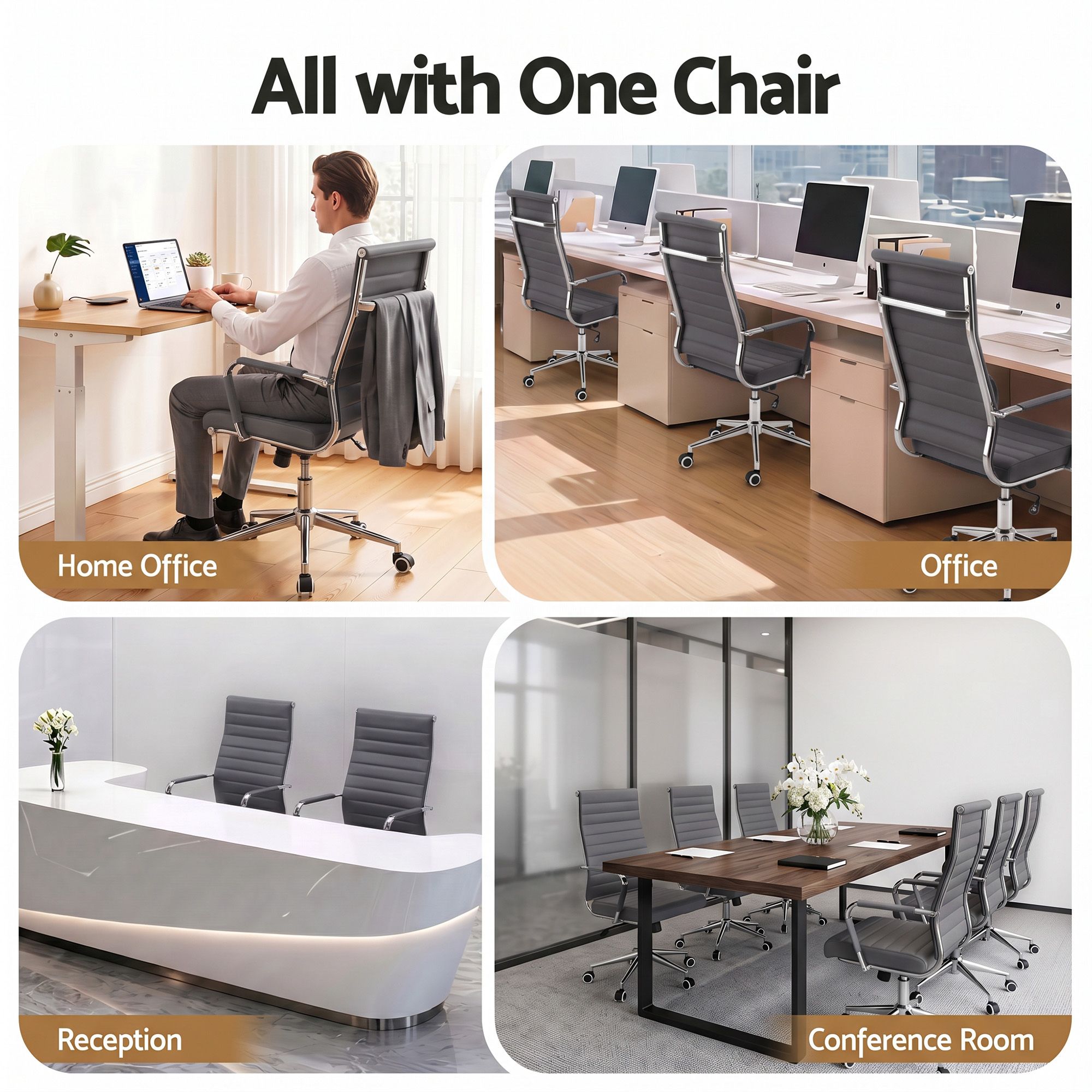 Artiss Conference Office Chair Swivel Computer Chair High Back Ribbed PU Leather Grey Bedworld