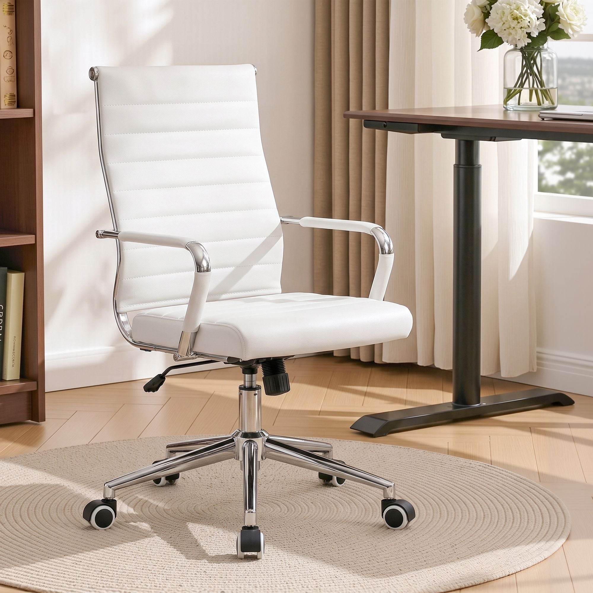 Artiss Conference Office Chair Swivel Computer Chair High Back Ribbed PU Leather White Bedworld