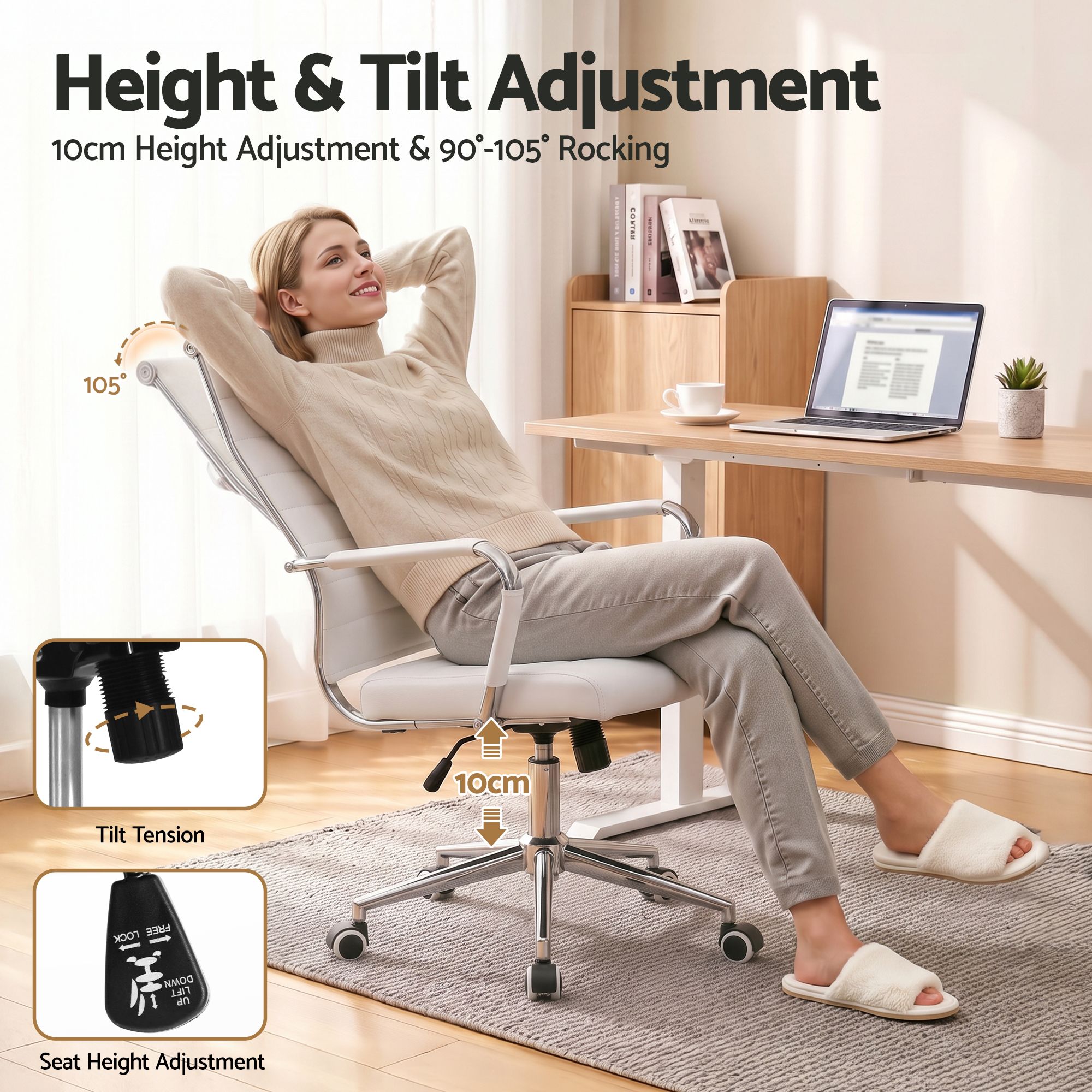 Artiss Conference Office Chair Swivel Computer Chair High Back Ribbed PU Leather White Bedworld