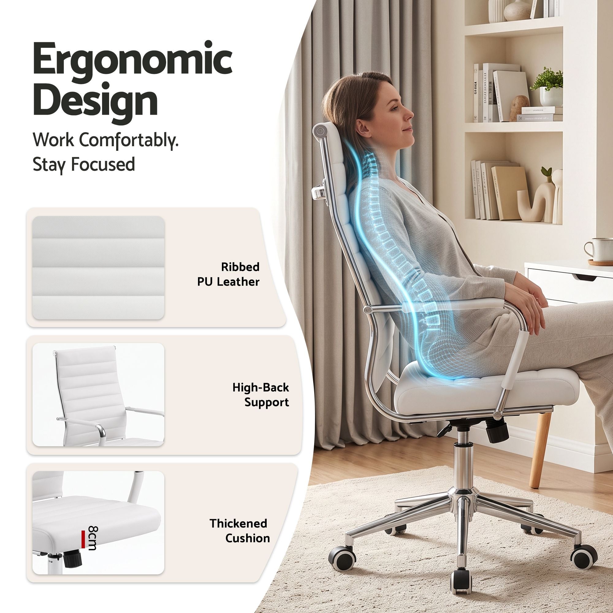 Artiss Conference Office Chair Swivel Computer Chair High Back Ribbed PU Leather White Bedworld