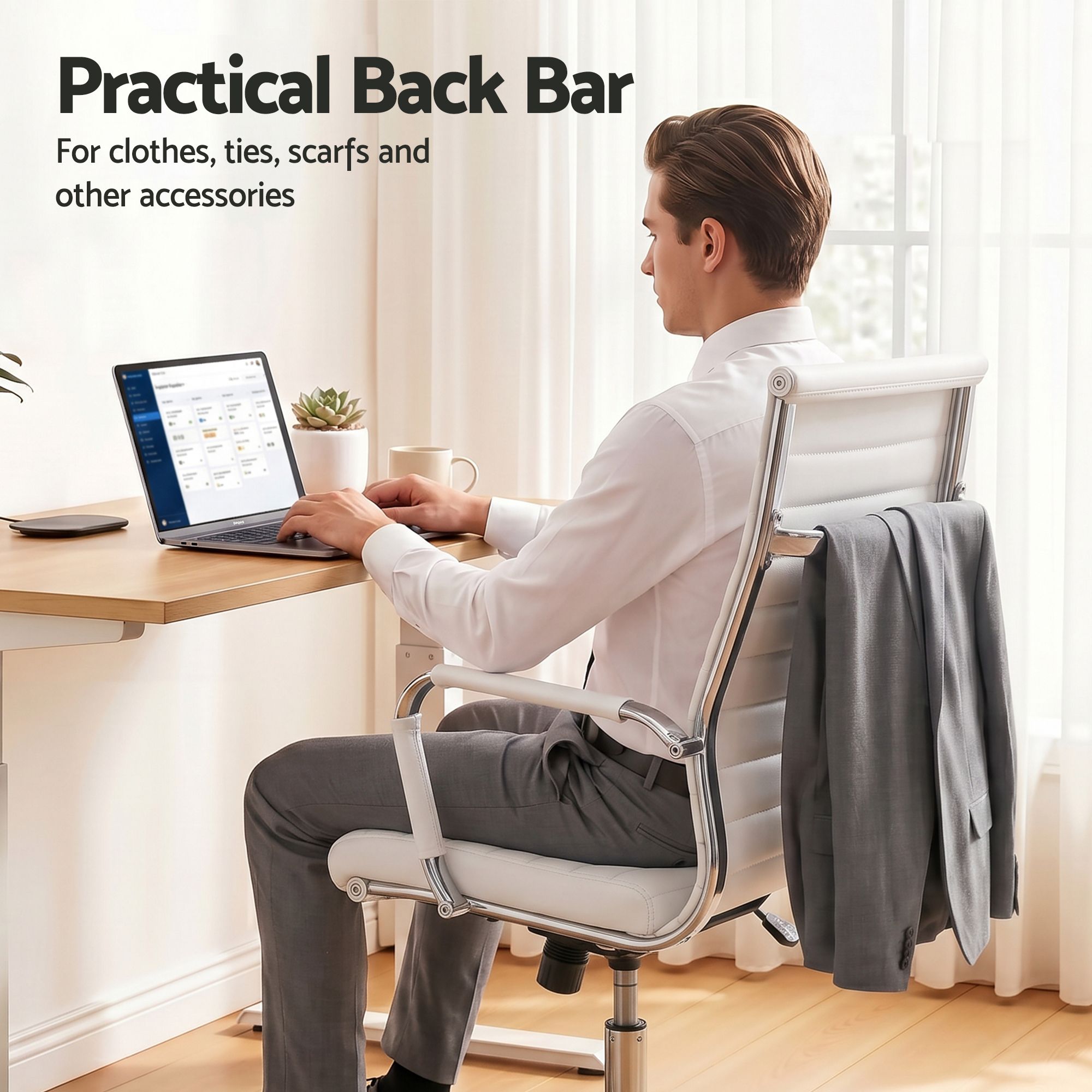 Artiss Conference Office Chair Swivel Computer Chair High Back Ribbed PU Leather White Bedworld