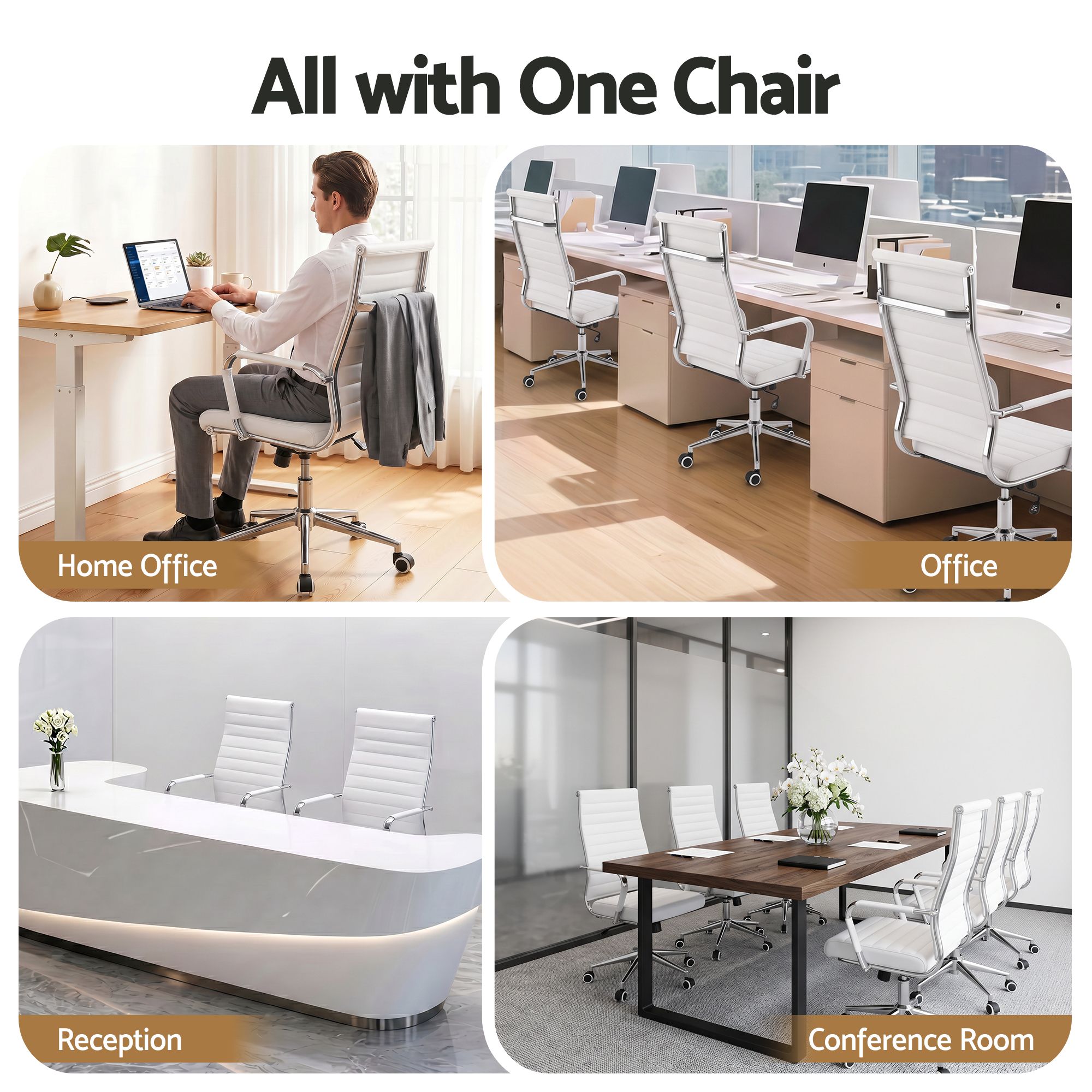 Artiss Conference Office Chair Swivel Computer Chair High Back Ribbed PU Leather White Bedworld