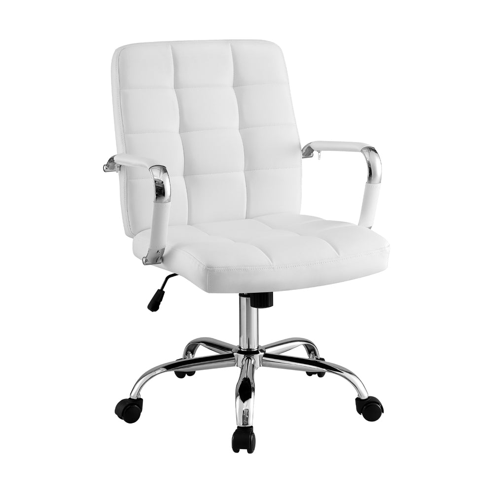White office chair with armrests, tufted padded back, and chrome swivel base with casters