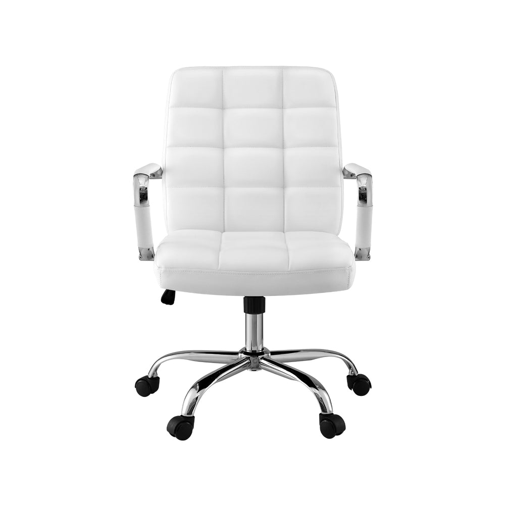 White office chair with tufted padded back and seat, chrome swivel base, casters