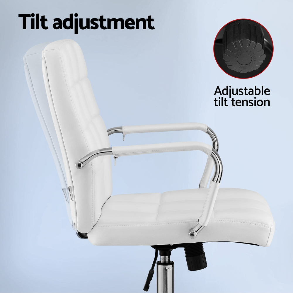 White office chair with tilt adjustment, padded back and seat, chrome base, casters