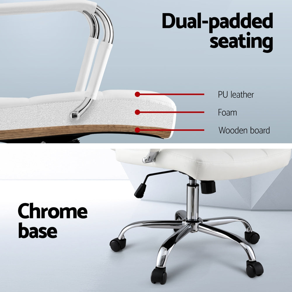 White office chair with dual-padded seating, PU upholstery and foam layers, chrome base