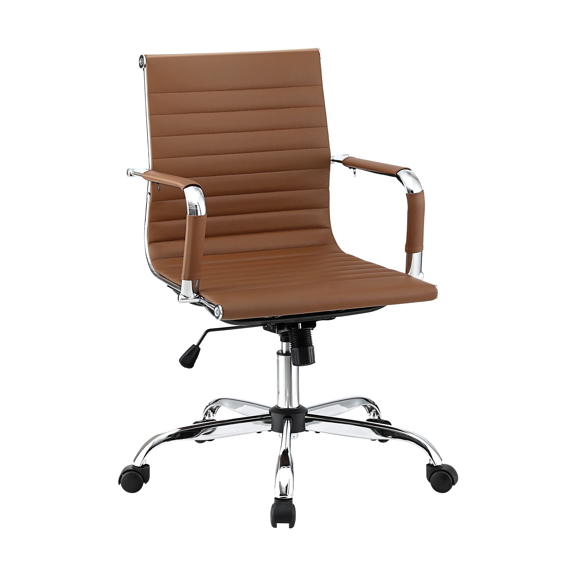 Brown mid-back office chair with PU leather look, chrome base, and rolling casters