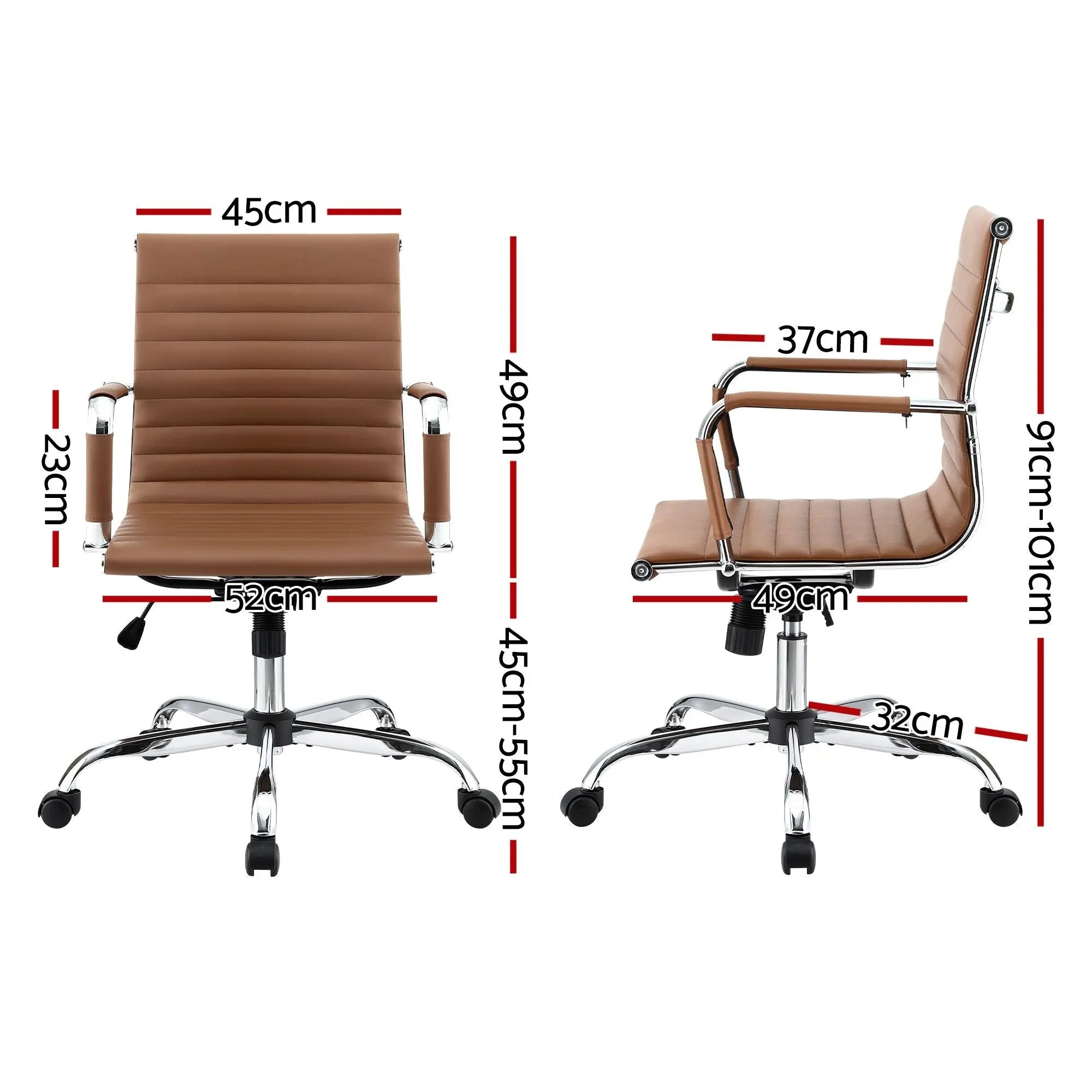 Brown PU leather mid-back office chair with chrome base, armrests, and casters