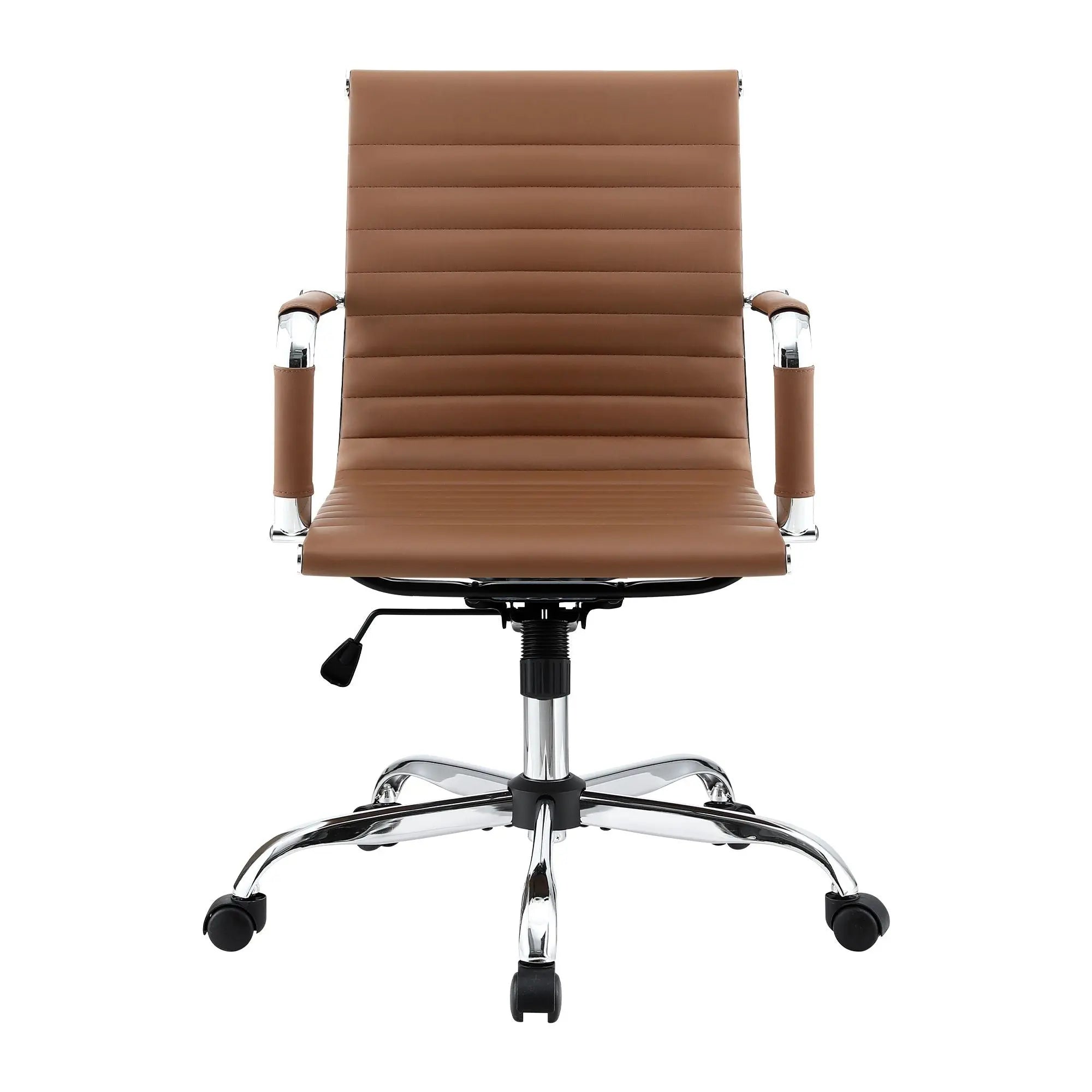 Brown PU leather mid-back office chair with armrests, swivel chrome base, and casters