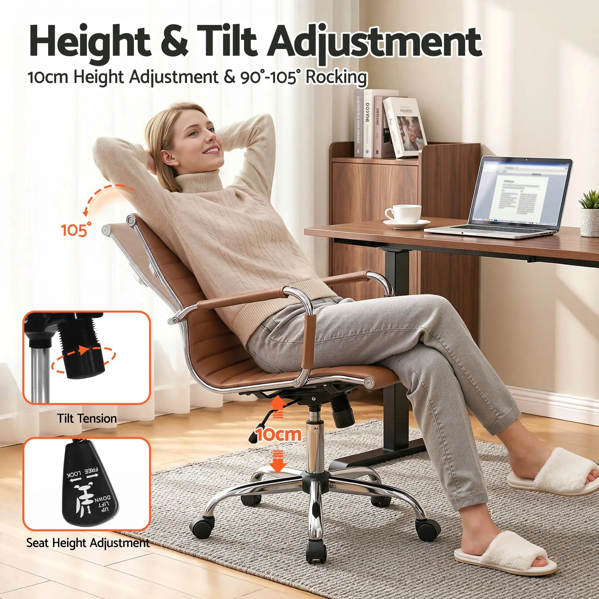 Brown PU leather mid-back office chair with armrests and chrome swivel base on casters