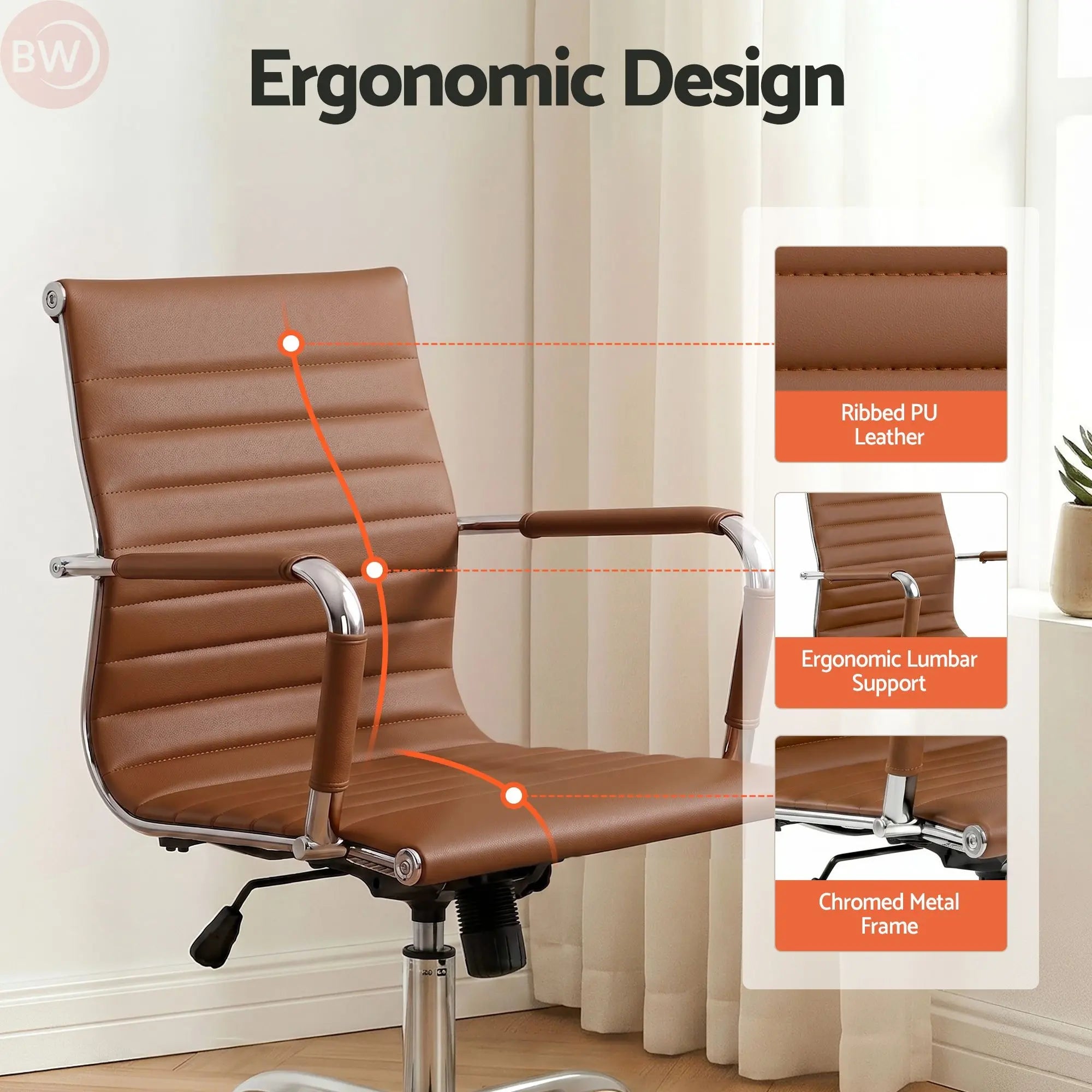 Brown ribbed PU leather mid-back office chair with armrests and chrome swivel base