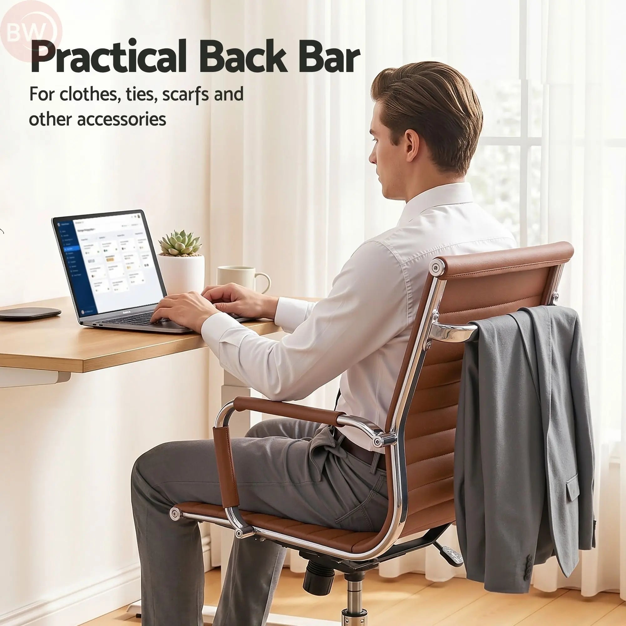 Chrome five-caster base for brown PU leather mid-back office chair with armrests