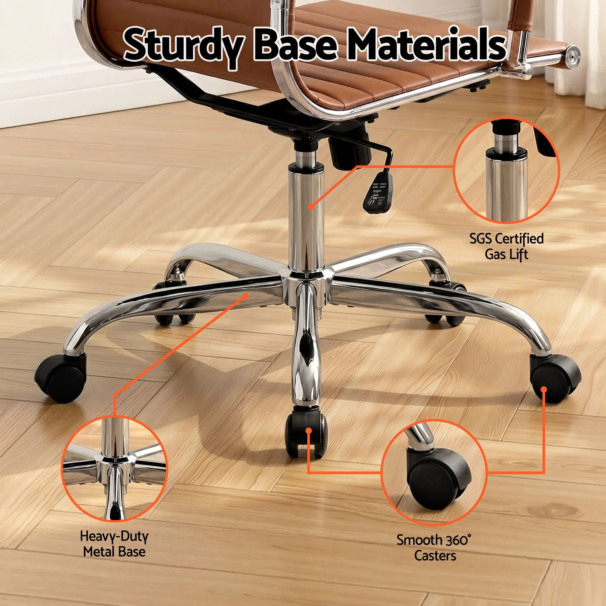 Brown PU leather mid-back office chair with chromed swivel base and five smooth casters