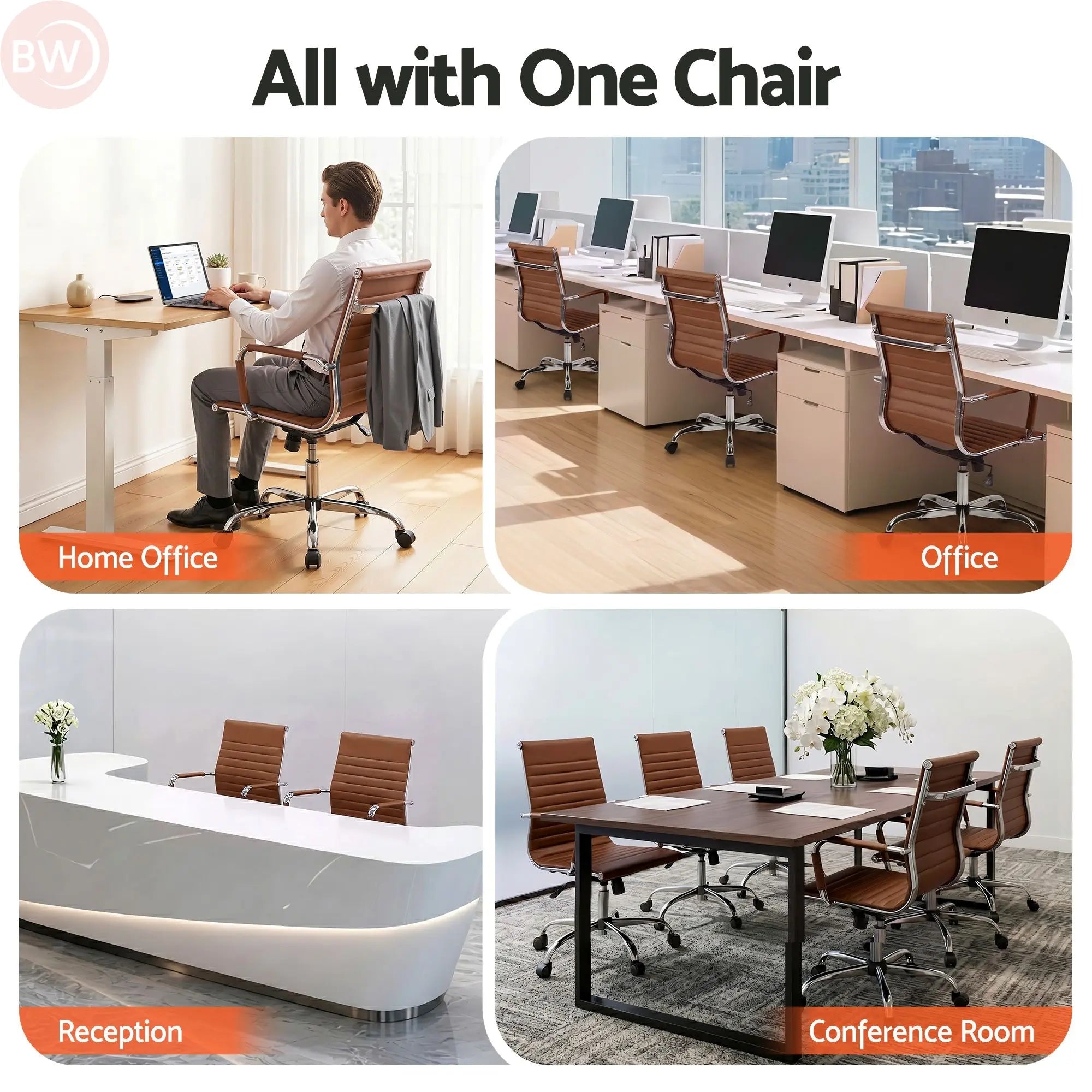 Brown PU leather office conference chairs with chrome swivel bases for shared seating