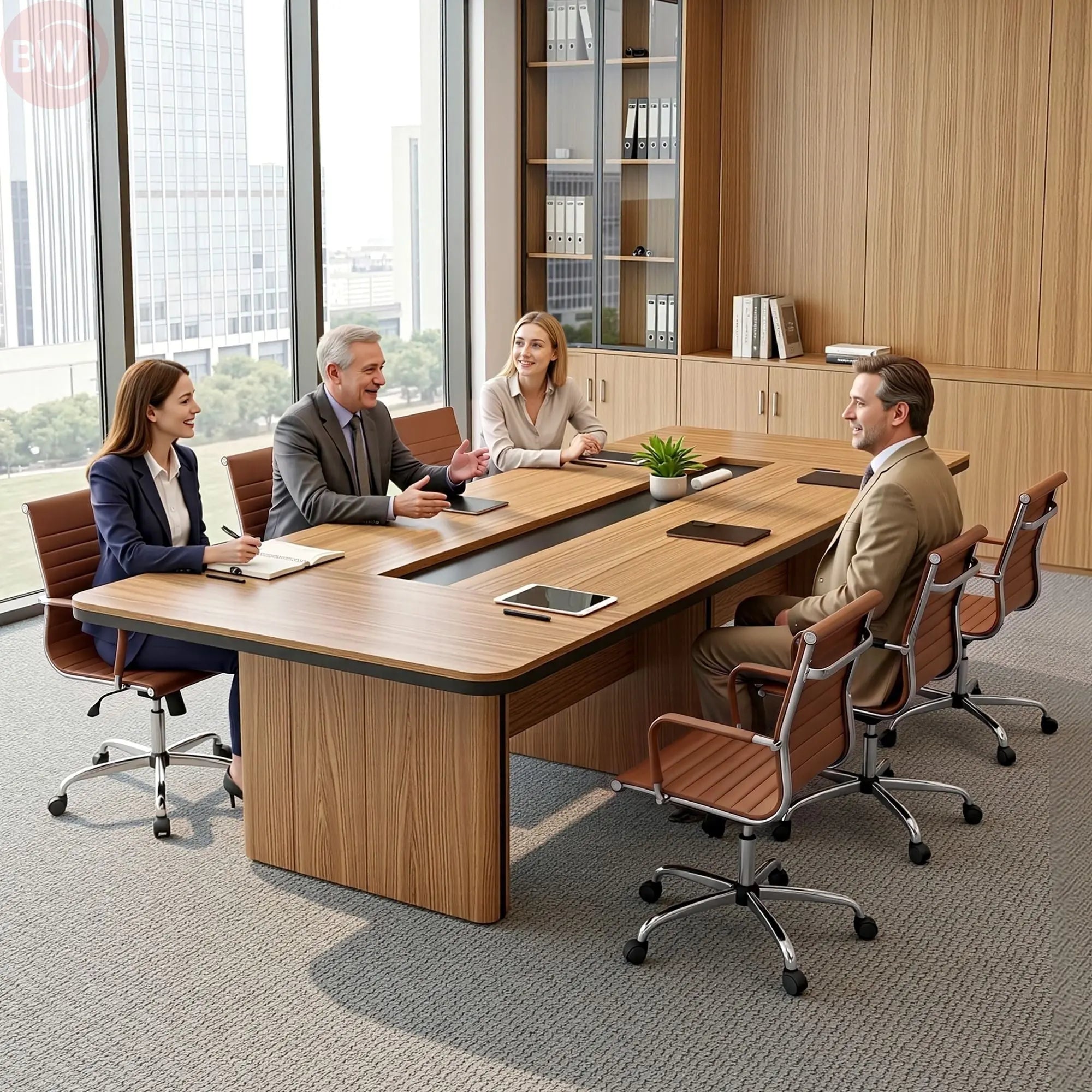 Brown PU leather mid-back office conference chair with chrome swivel base and casters