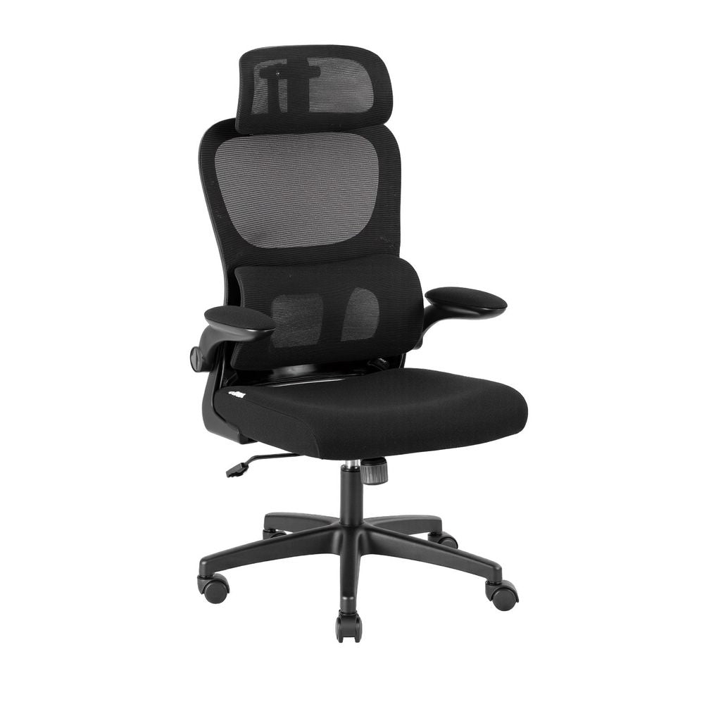 Ergonomic office chair with black mesh back, padded seat, armrests, and swivel caster base.
