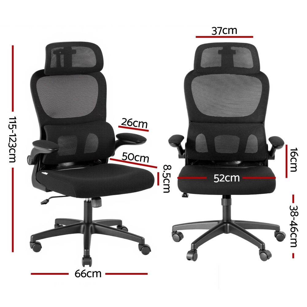 Black ergonomic office chair shown from front and side: mesh back, padded seat, armrests.