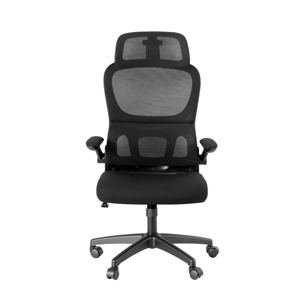 Black ergonomic office chair with mesh backrest, padded seat, armrests, and 5-wheel base.