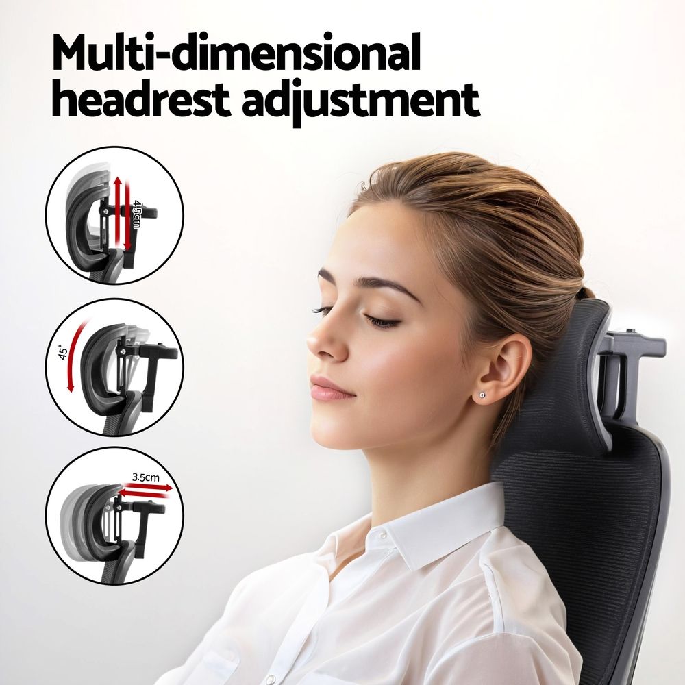 Ergonomic office chair with adjustable headrest and black mesh backrest; padded seat and arms.