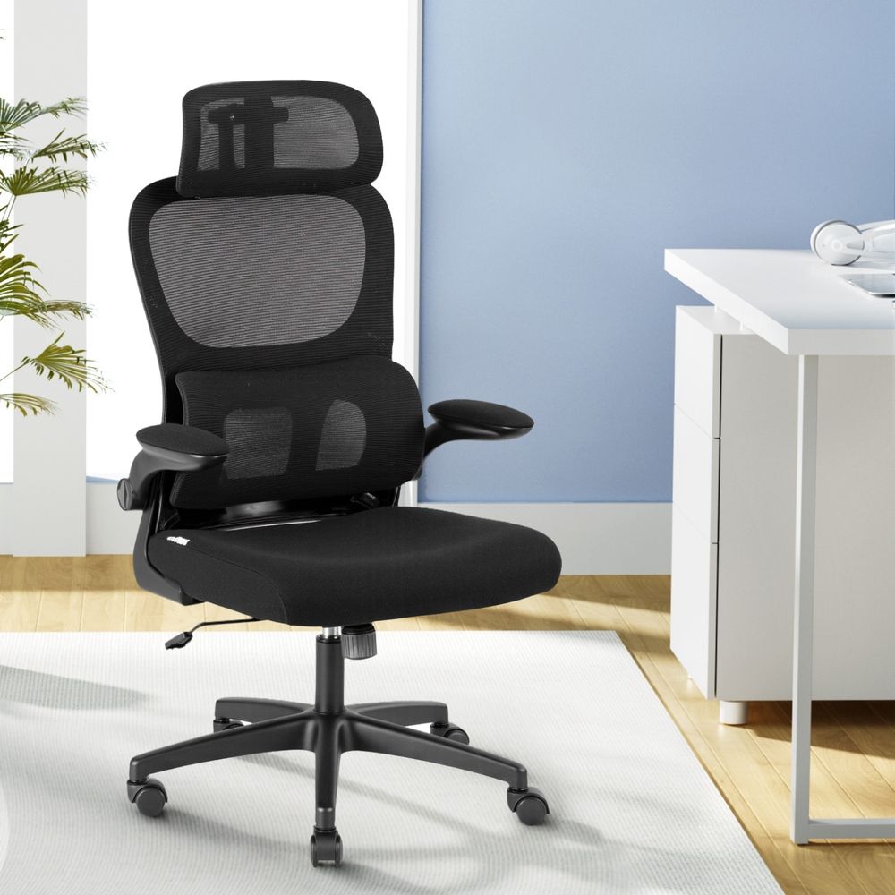 Black ergonomic office chair with headrest, mesh back, padded seat, armrests, and caster base.
