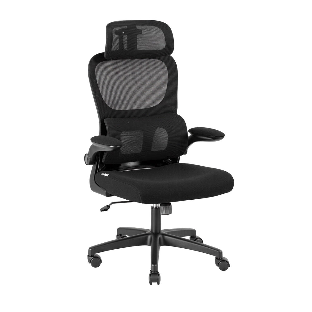 Ergonomic office chair with black mesh backrest, cushioned seat, and armrests