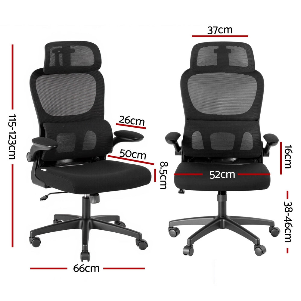 Ergonomic office chair front and side views, black mesh back and cushioned seat