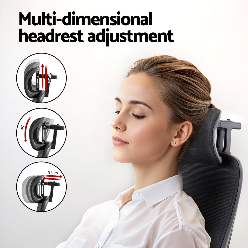 Black mesh office chair with adjustable headrest and curved back support