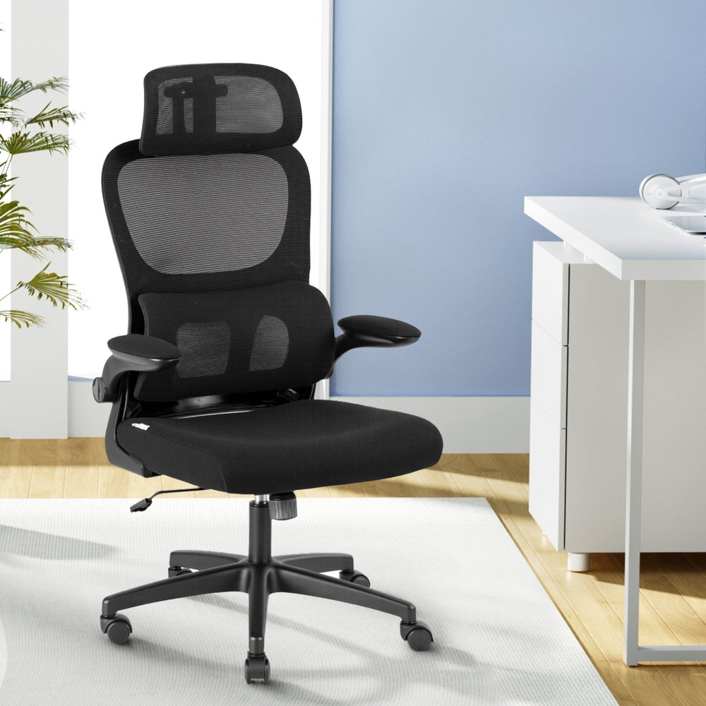 Ergonomic office chair with black mesh back, cushioned seat, and rolling swivel base