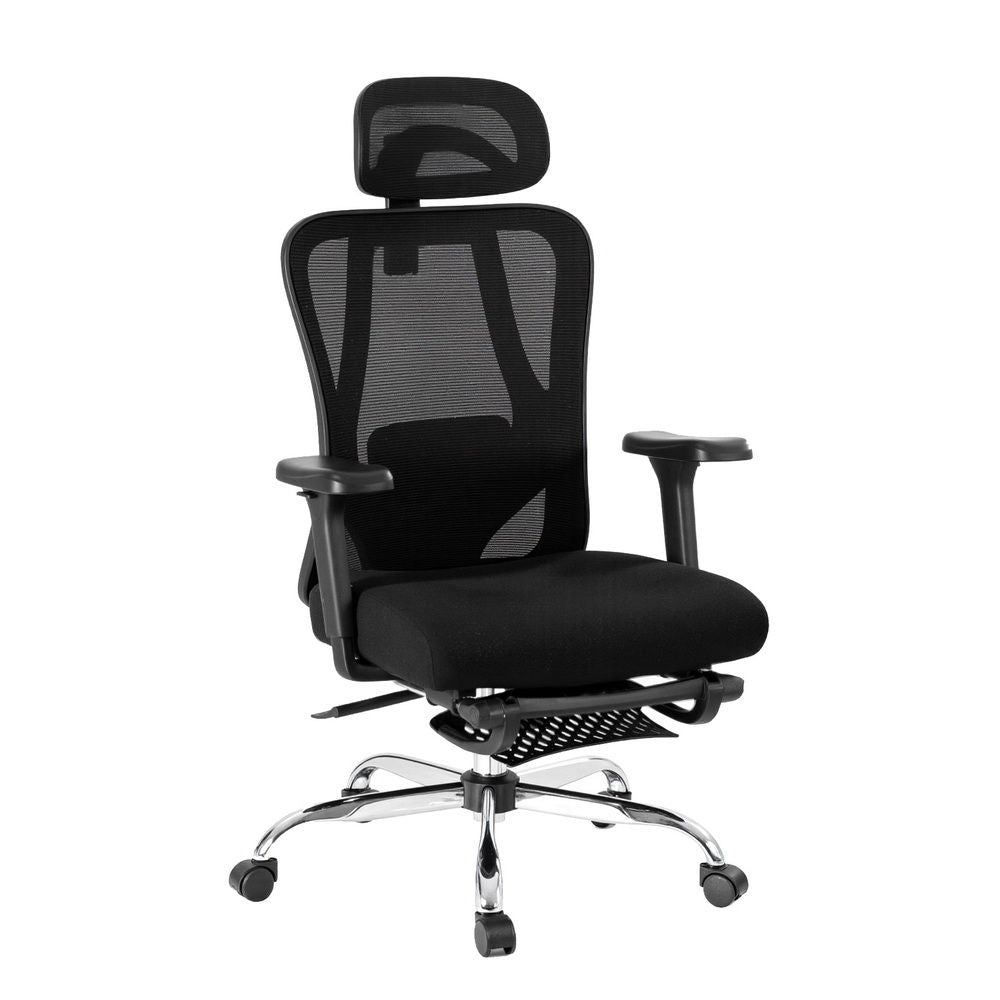 Black ergonomic mesh office chair with padded seat, headrest, armrests, and chrome base