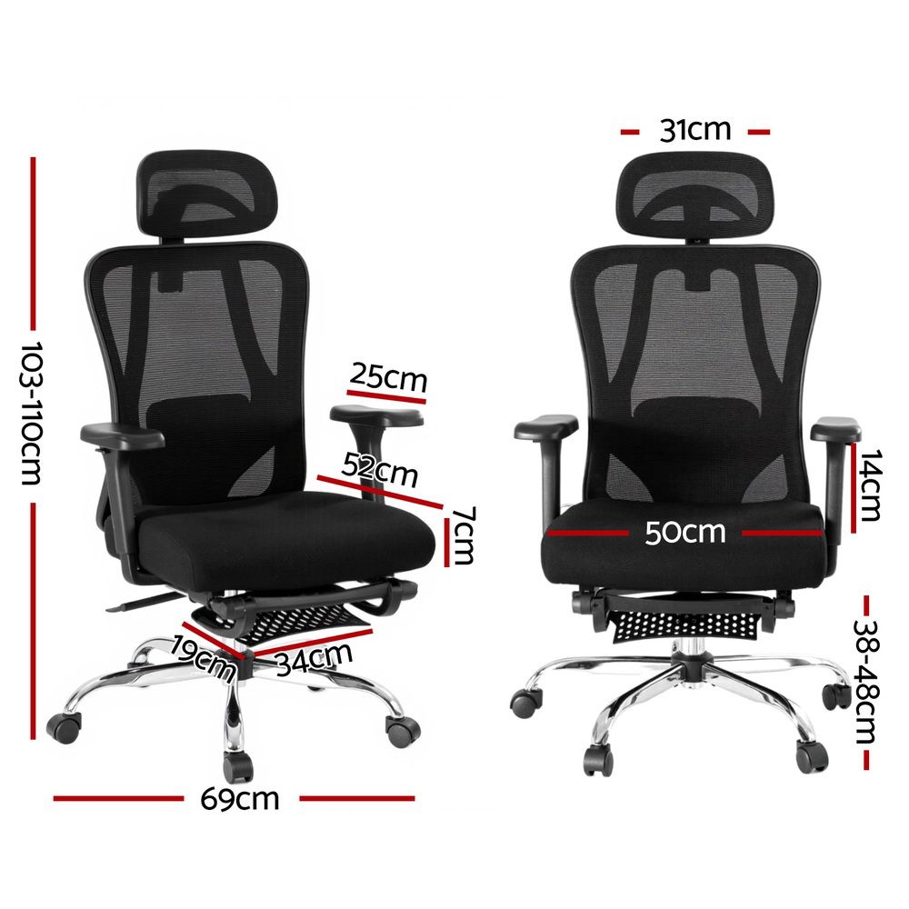 Black ergonomic mesh office chair with padded seat, armrests, and chrome base (front/back)