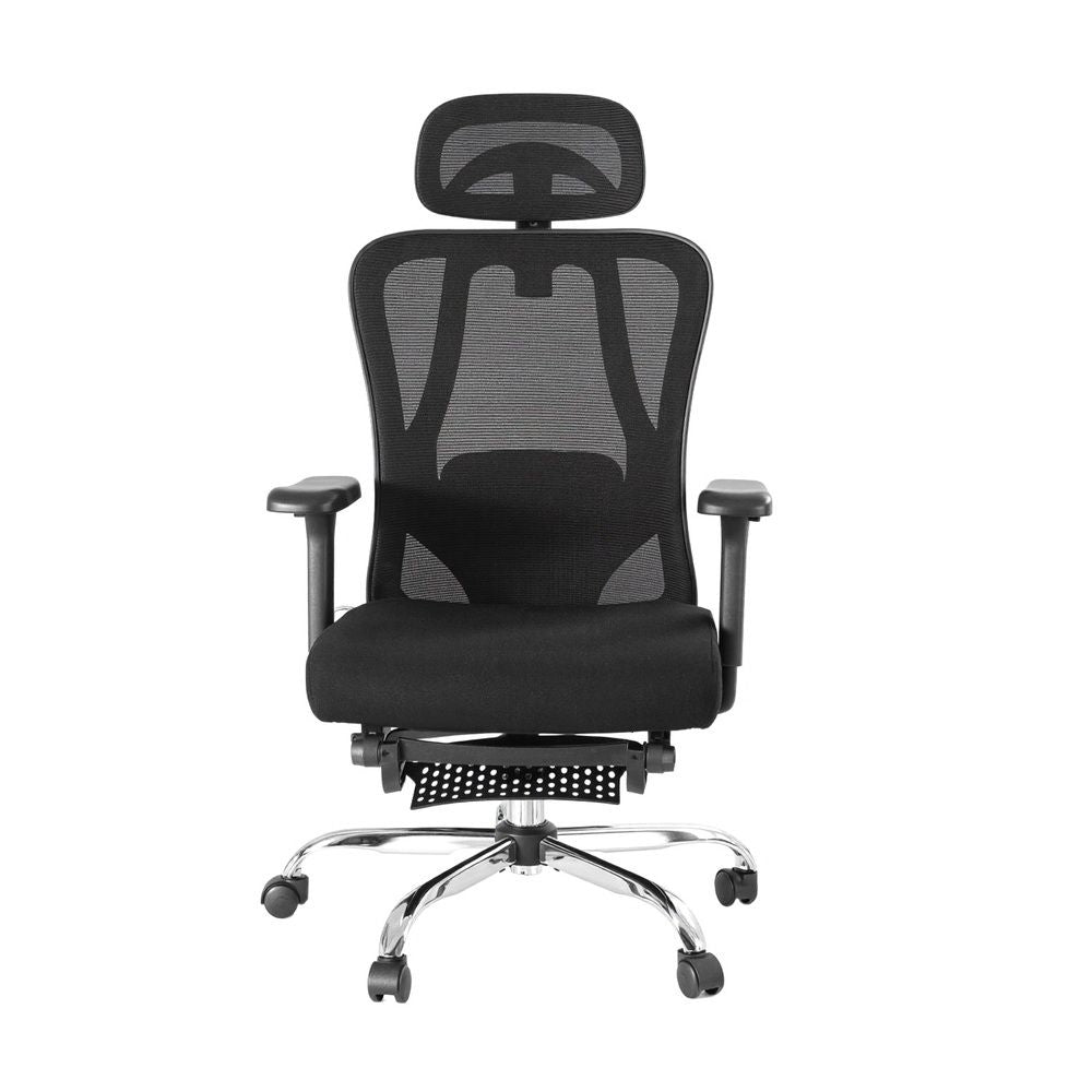Black ergonomic mesh office chair with tall headrest, padded seat, armrests, and caster base