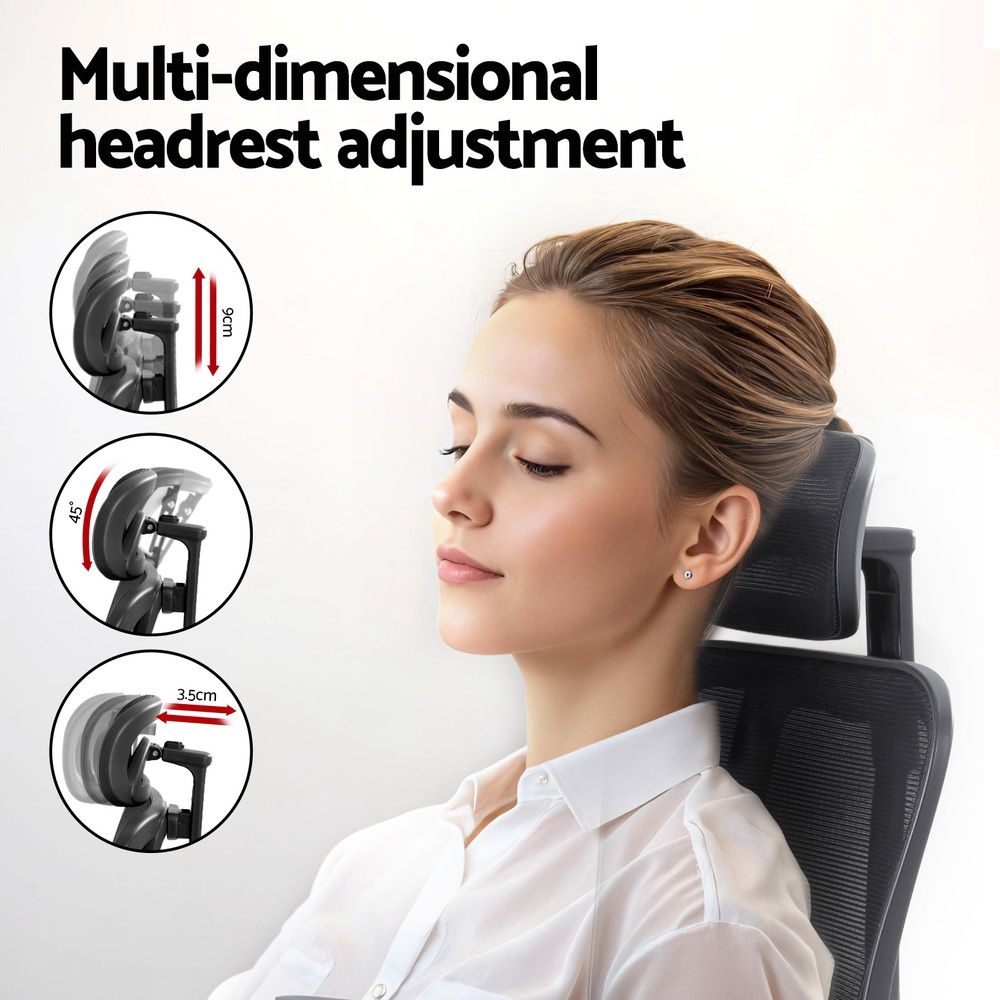 Black ergonomic mesh office chair with tall headrest, padded seat, and armrests