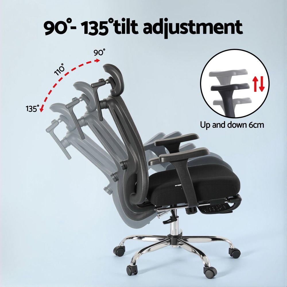 Black ergonomic mesh office chair with 90–135° tilt, padded seat, and chrome base