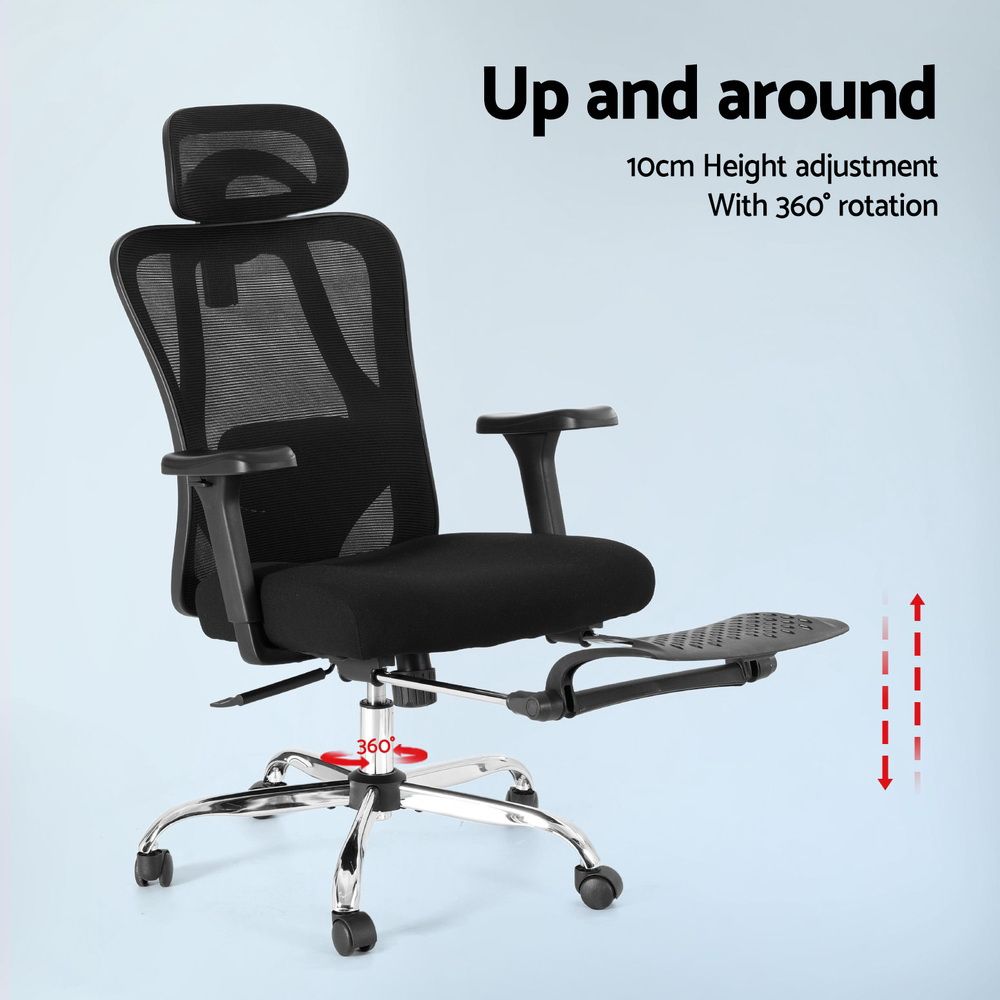Black ergonomic mesh office chair with headrest, armrests, footrest, and 360° rotation