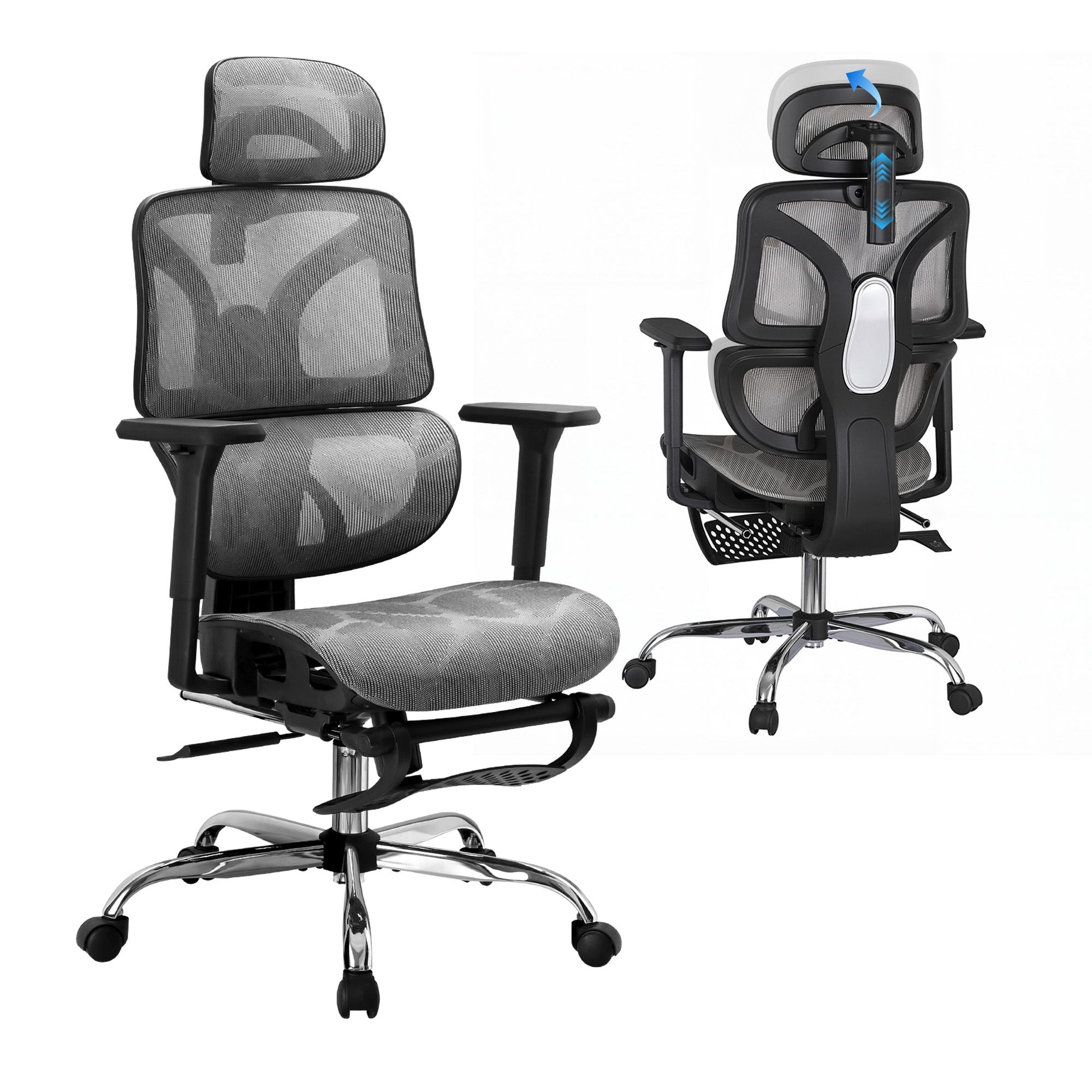 Grey ergonomic office chair with mesh back, cushioned seat, adjustable headrest, footrest